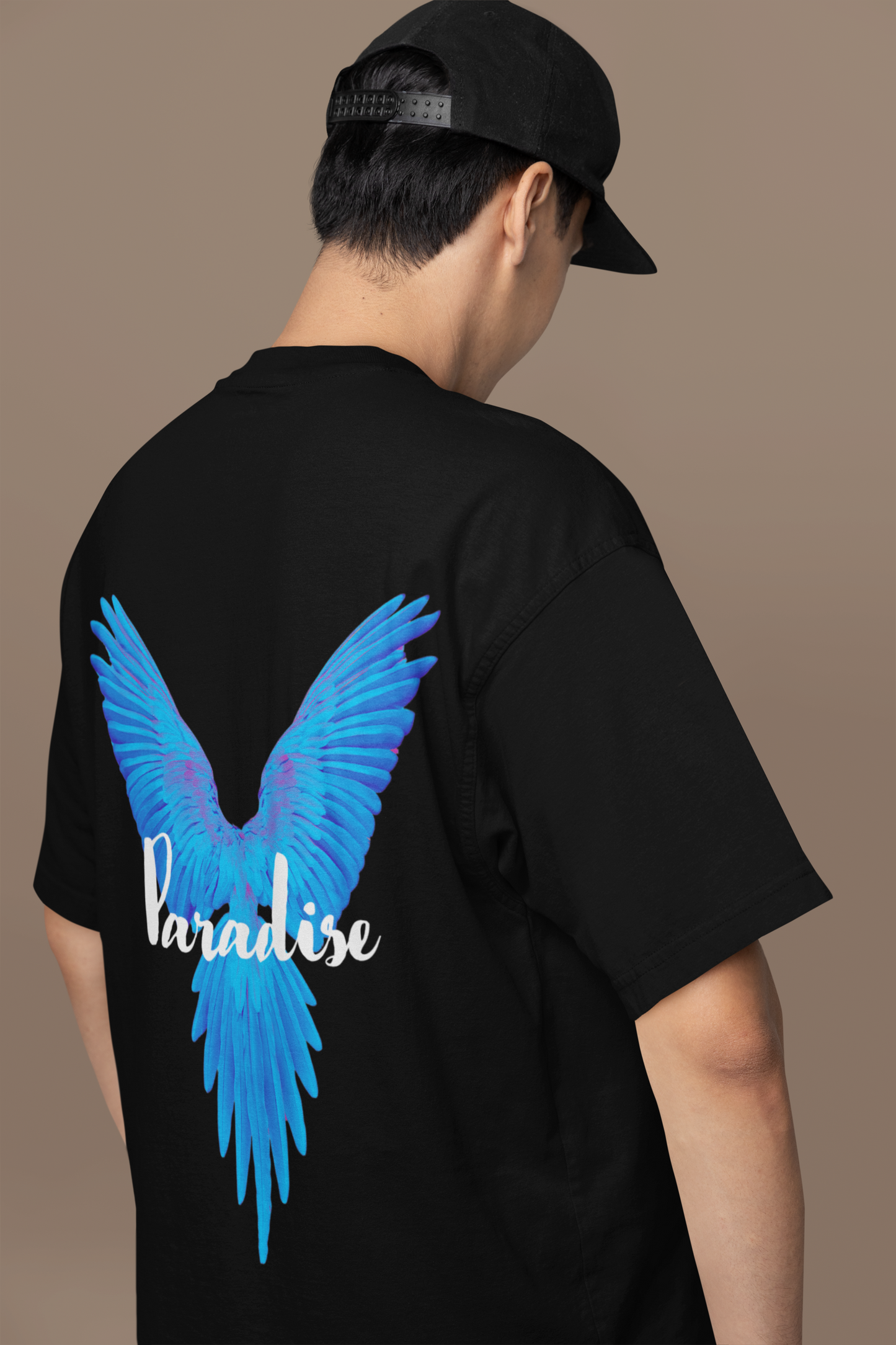 Close-up detail of the graphic design on the W.I.F.I Men's "Paradise Blue Wings" T-Shirt