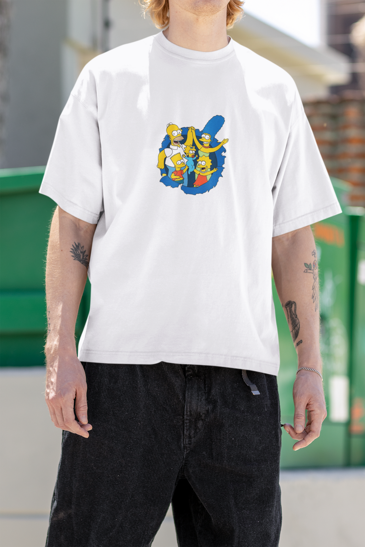 Front view of W.I.F.I (Wear it Feel it) Men's Oversized "The Simpsons" Graphic Premium Cotton White T-Shirt