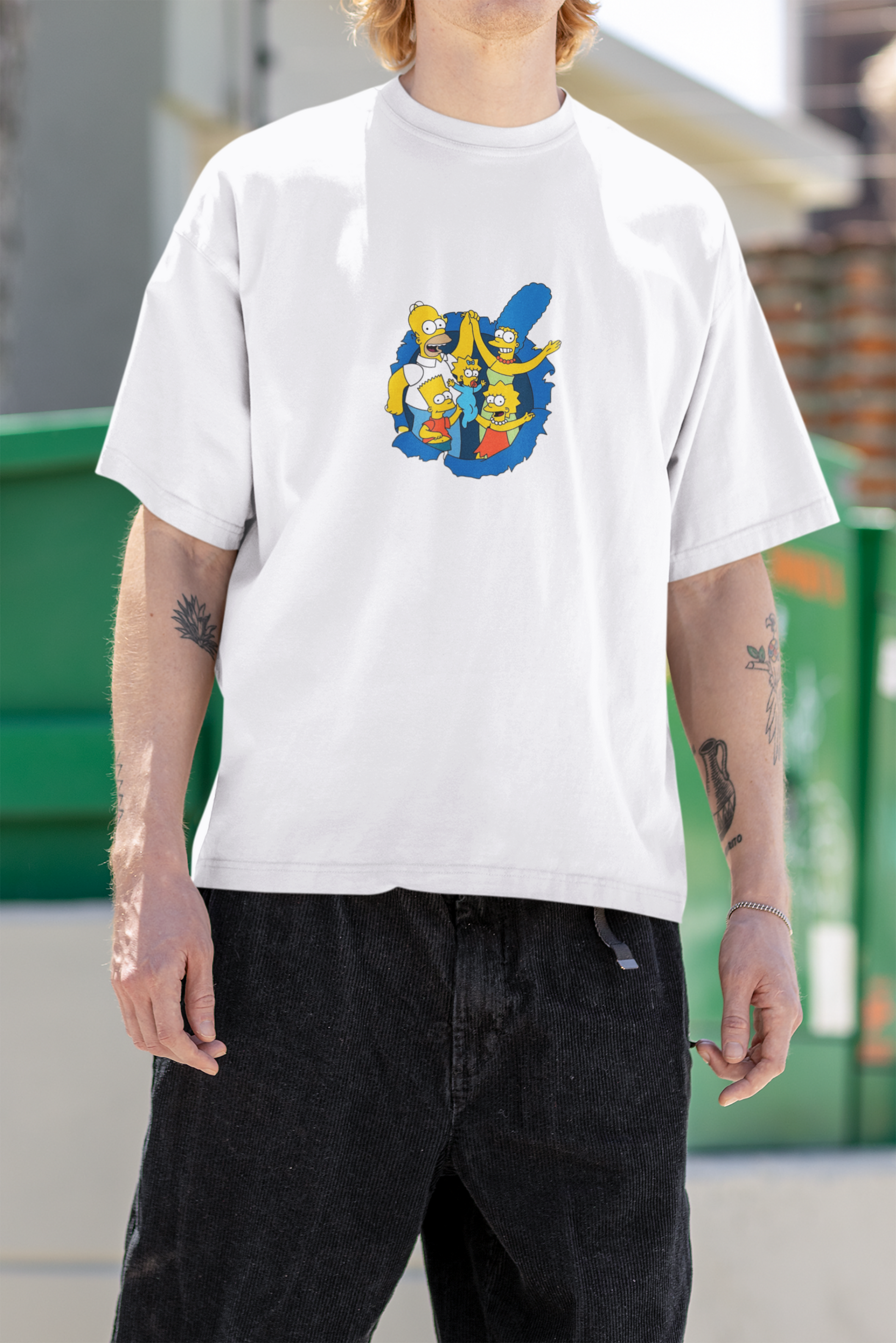 Front view of W.I.F.I (Wear it Feel it) Men's Oversized "The Simpsons" Graphic Premium Cotton White T-Shirt