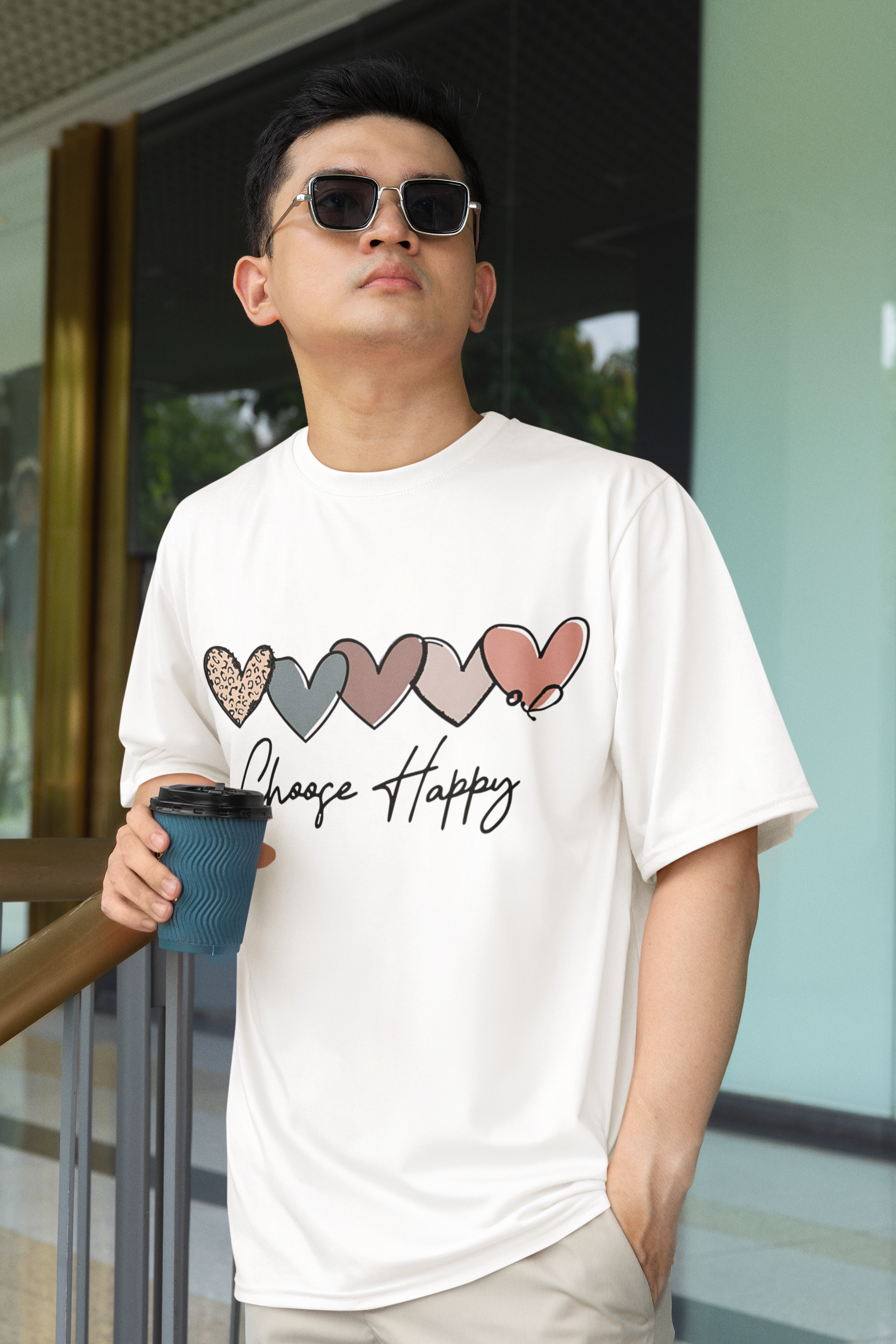 Front view of W.I.F.I (Wear it Feel it) Men’s Terry Oversized "Choose Happy" Graphic Premium Cotton T-Shirt in white model