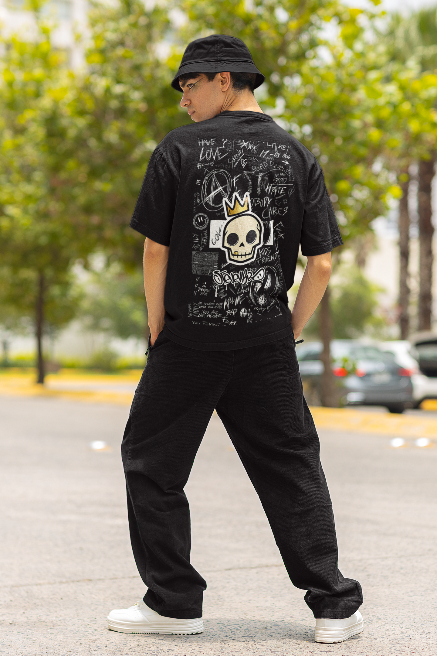 Back view of W.I.F.I (Wear it Feel it) Men's Oversized Skull Graphic Premium Cotton Black T-Shirt