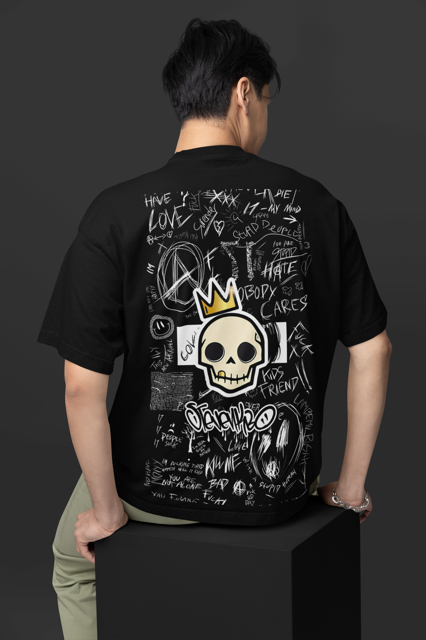 Close-up of Skull graphic design on W.I.F.I Men's Oversized Black T-Shirt