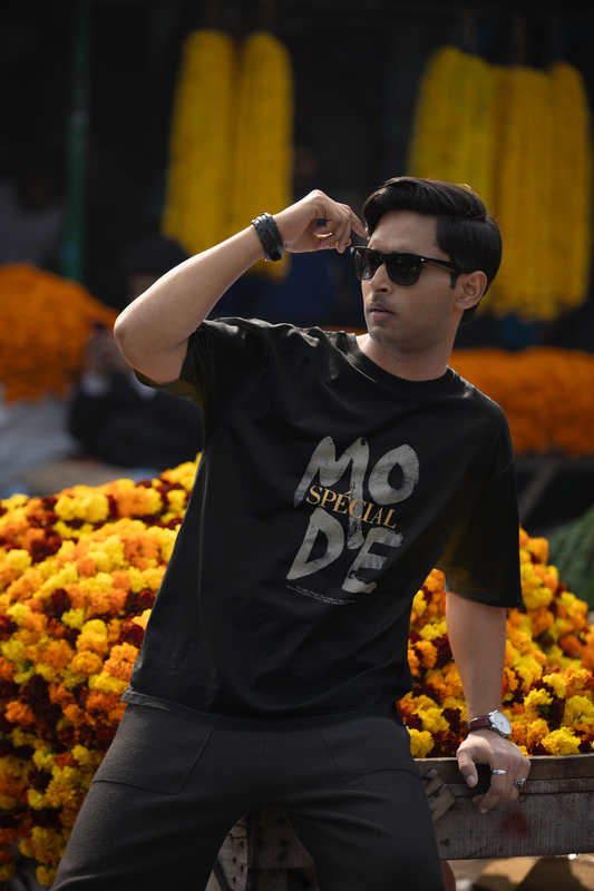 Styled shot of W.I.F.I Men's Oversized "SPECIAL Quotes" Premium Cotton White T-Shirt paired with casual outfit.