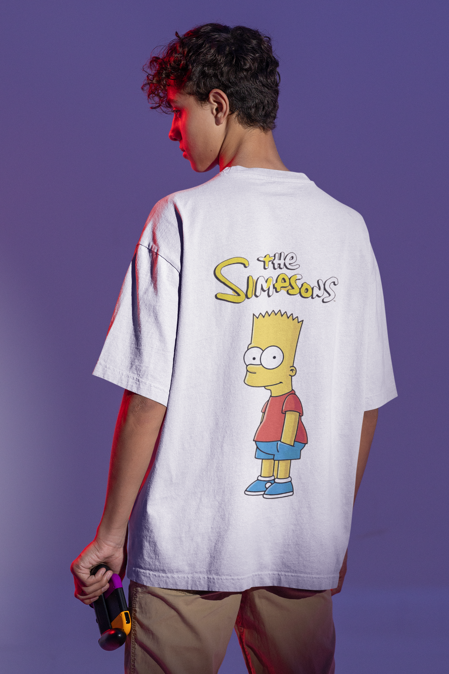 Closeup Back view of W.I.F.I (Wear it Feel it) Men's Oversized "The Simpsons" Graphic Premium Cotton White T-Shirt
