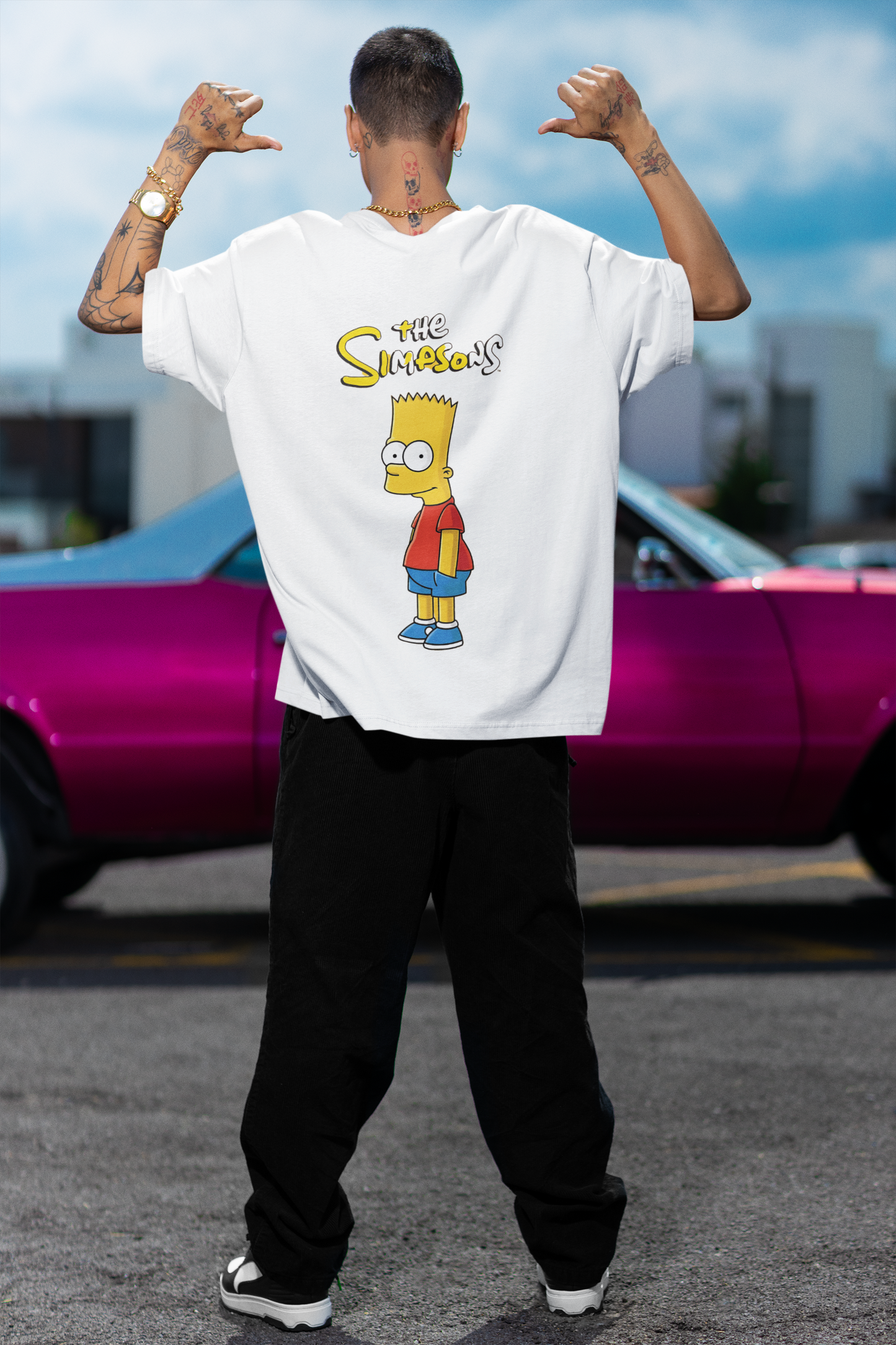 Stylish outfit featuring the W.I.F.I Men's Oversized "The Simpsons" Graphic White T-Shirt.
