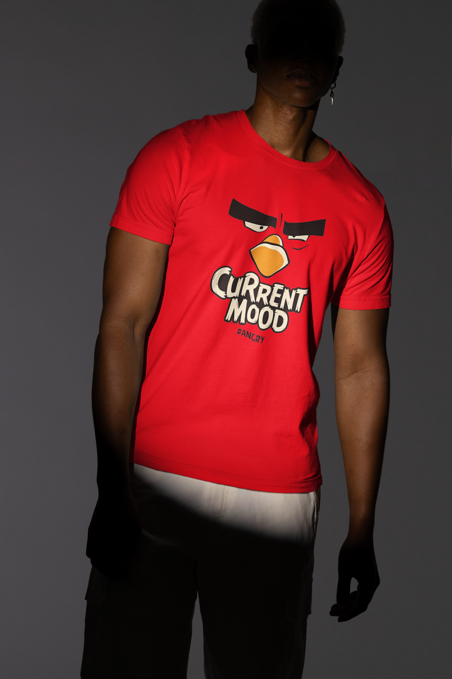 Close-up of Angry Bird graphic on 'Angry Mood' Red T-Shirt, Premium Cotton