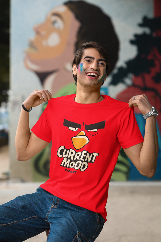 Front view of W.I.F.I (Wear it Feel it) Men's Regular Fit 'Angry Bird - Angry Mood' Graphic Premium Cotton Red T-Shirt