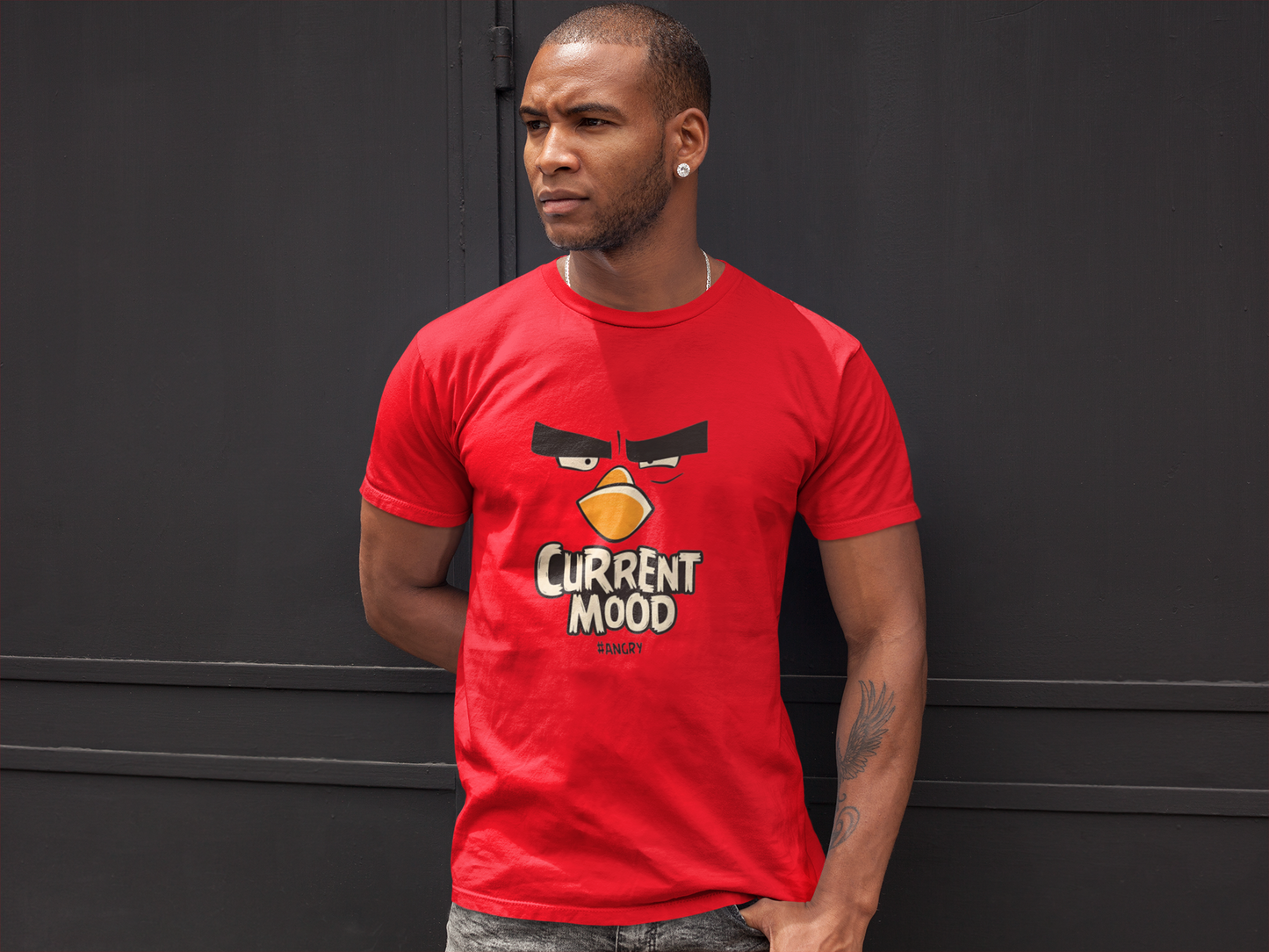 Model wearing W.I.F.I (Wear it Feel it) Men's Regular Fit 'Angry Bird - Angry Mood' Graphic Red T-Shirt