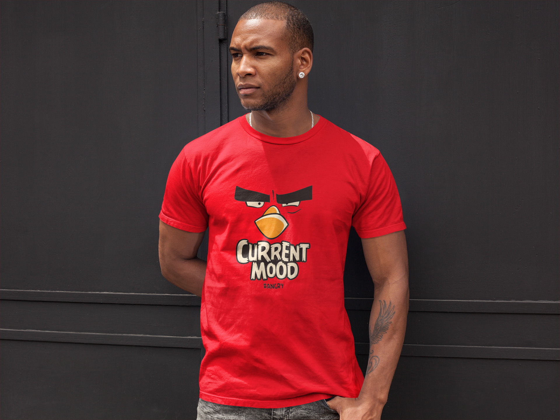 Model wearing W.I.F.I (Wear it Feel it) Men's Regular Fit 'Angry Bird - Angry Mood' Graphic Red T-Shirt