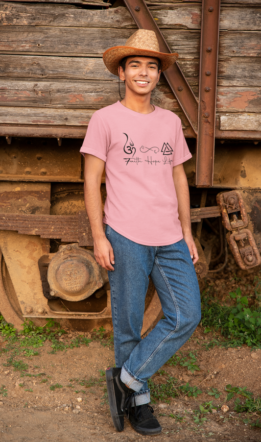 Pink men's t-shirt featuring "Faith Hope Life" motivational graphic.