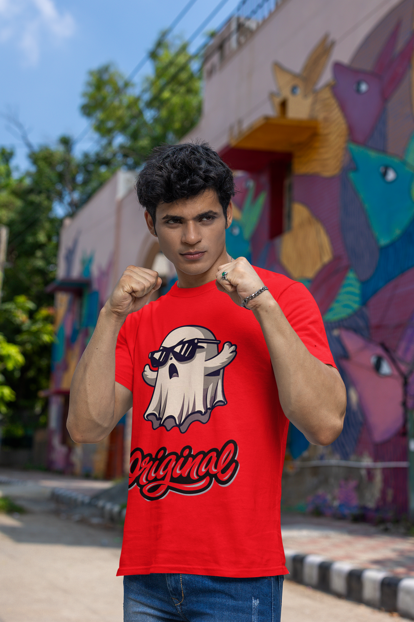 W.I.F.I Regular Fit Men's T-Shirt – 180 GSM, Red with "Original Ghost" Print