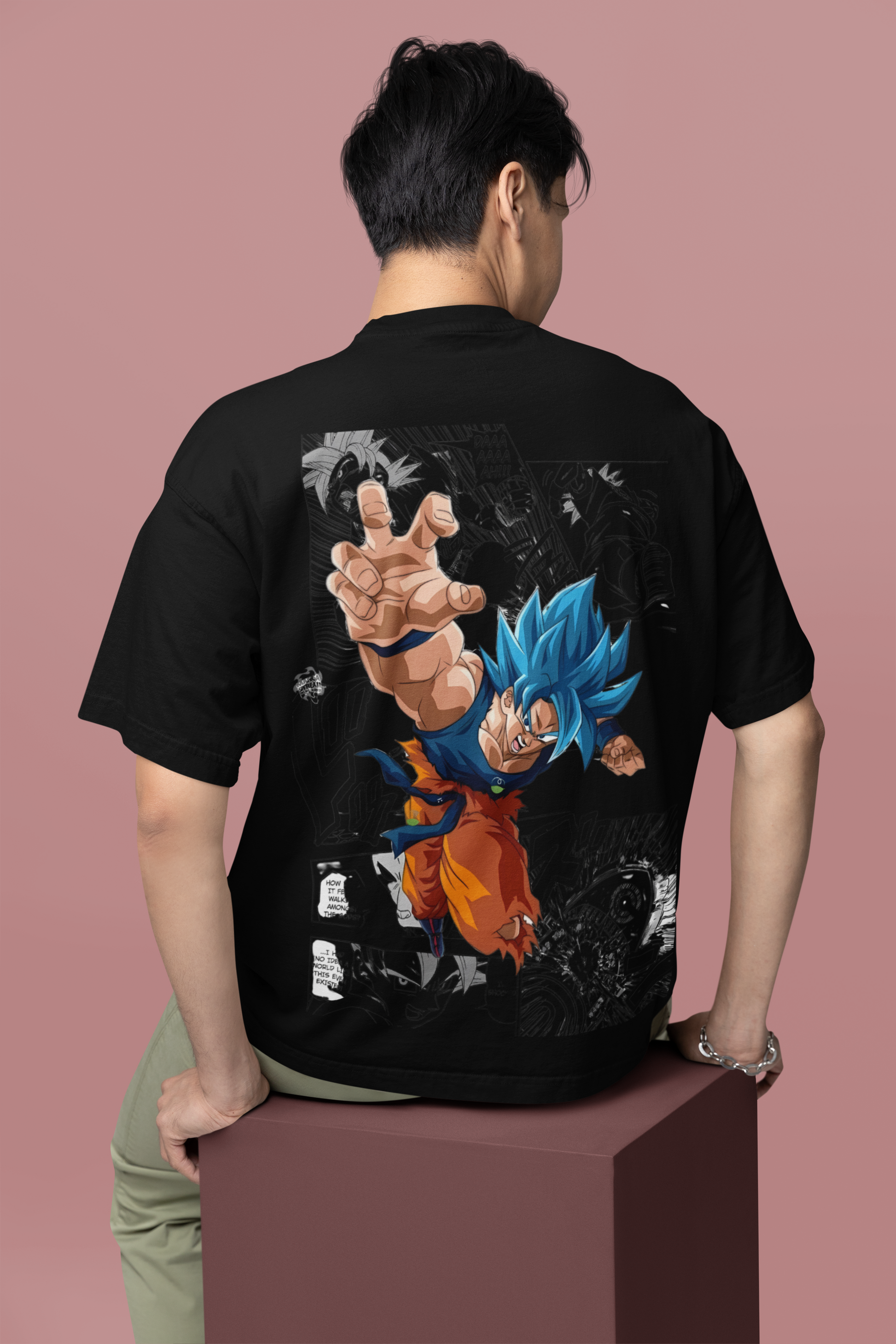 Back view of W.I.F.I Men's Oversized Goku Anime Graphic Premium Cotton Black T-Shirt