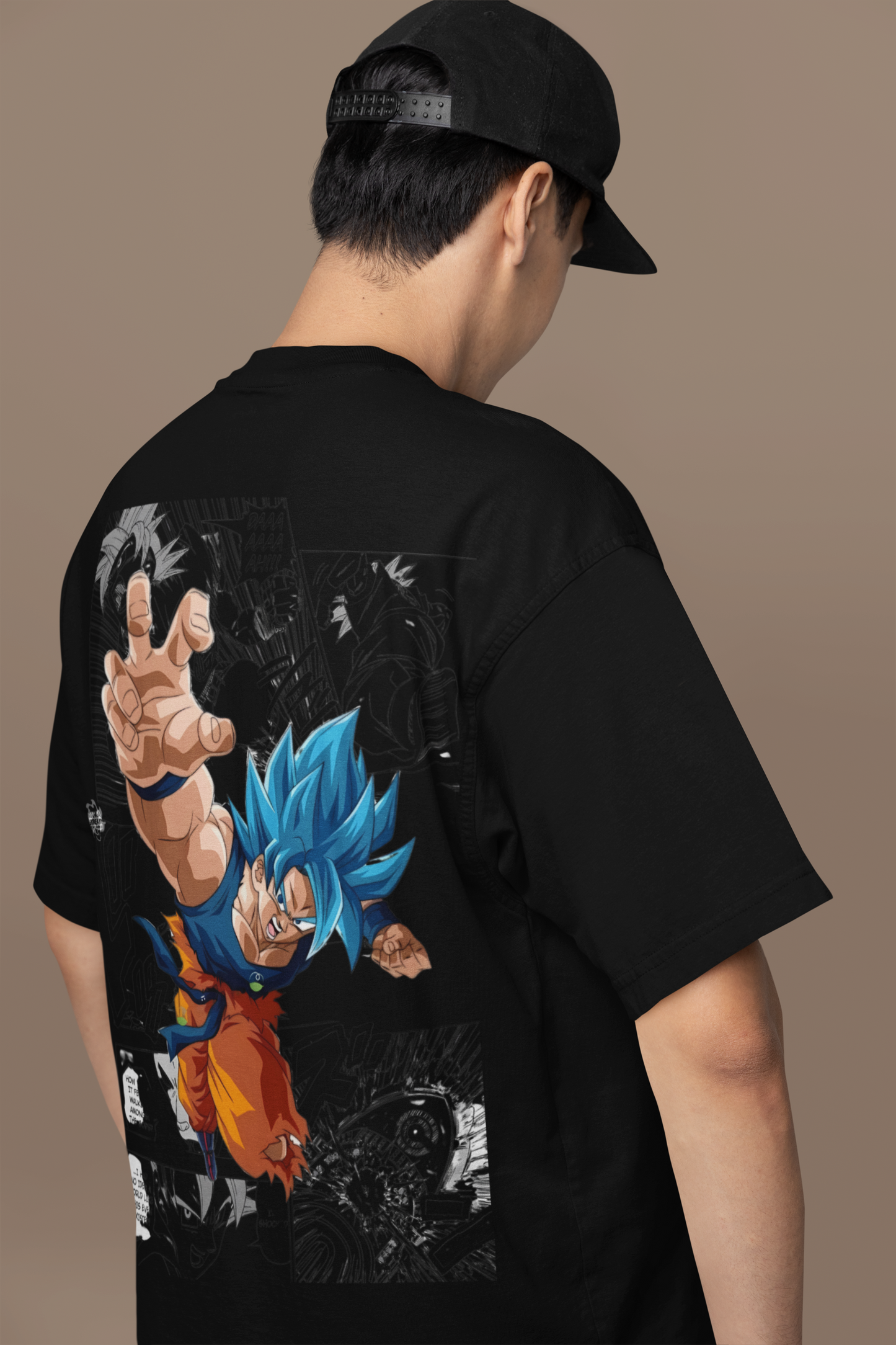 Closeup Back view of W.I.F.I Men's Oversized Goku Anime Graphic Premium Cotton Black T-Shirt