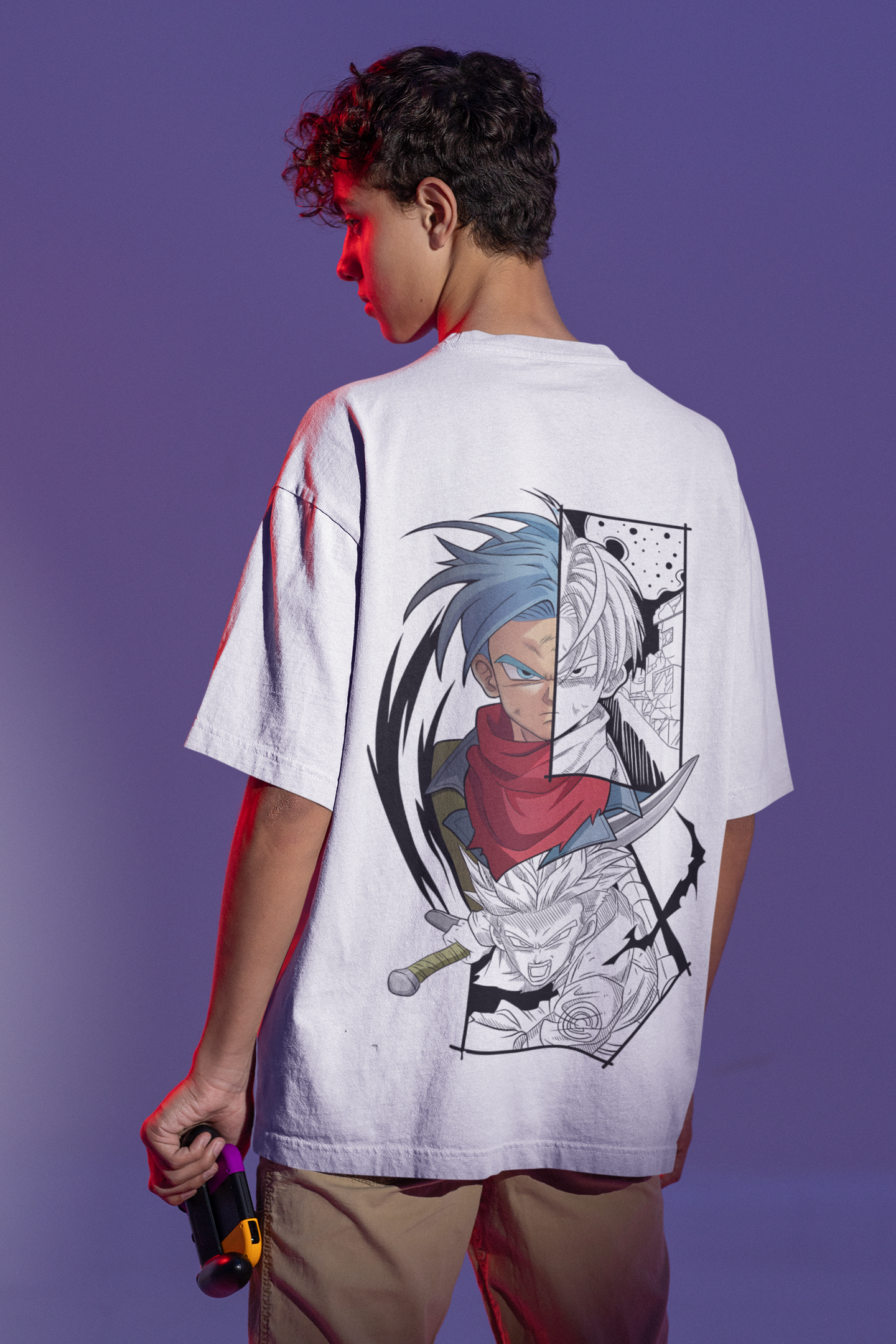 Back Close-up details of Goku graphic on W.I.F.I Men's Oversized White T-Shirt