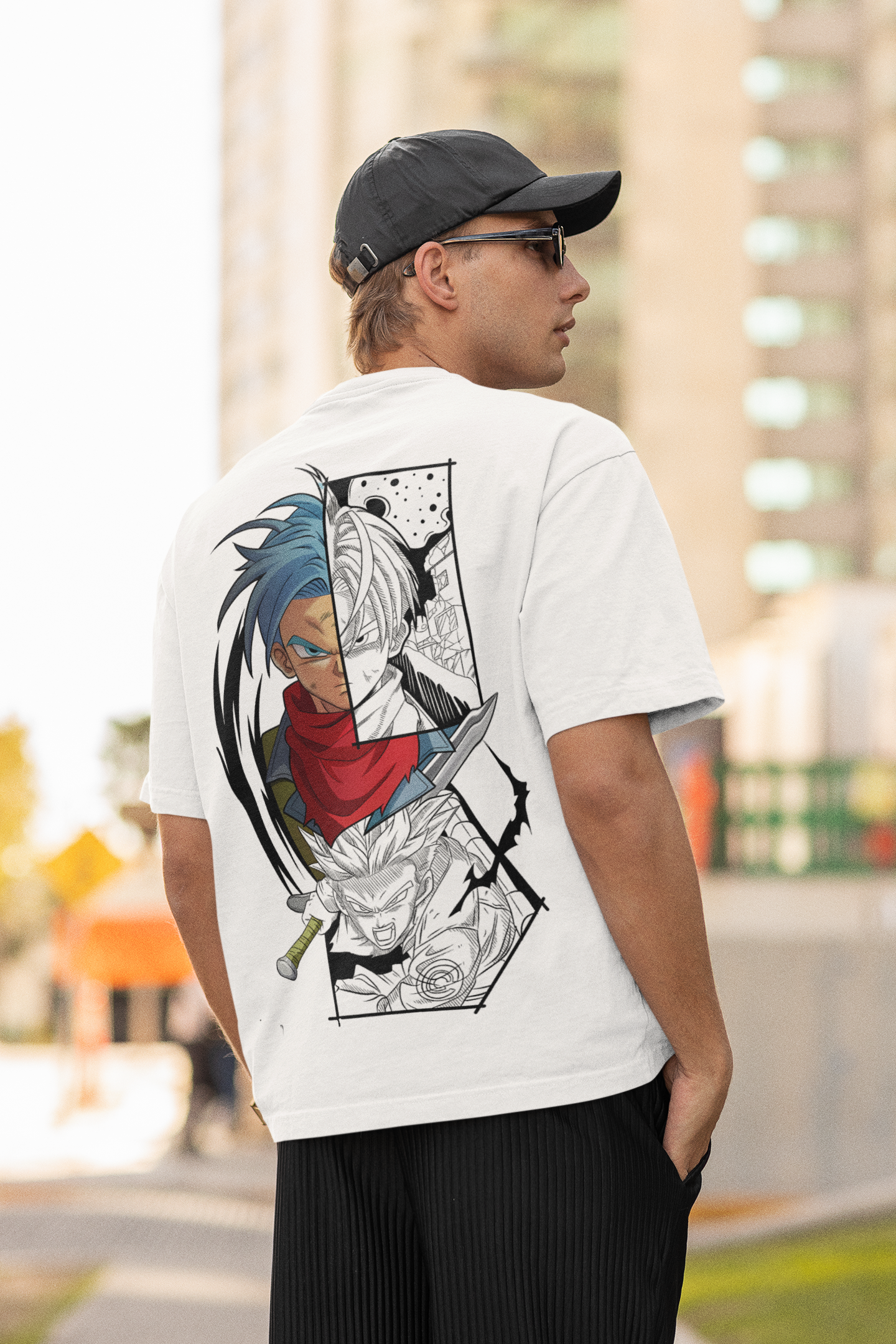 Back view of W.I.F.I Men's Oversized Goku Anime Graphic White T-Shirt