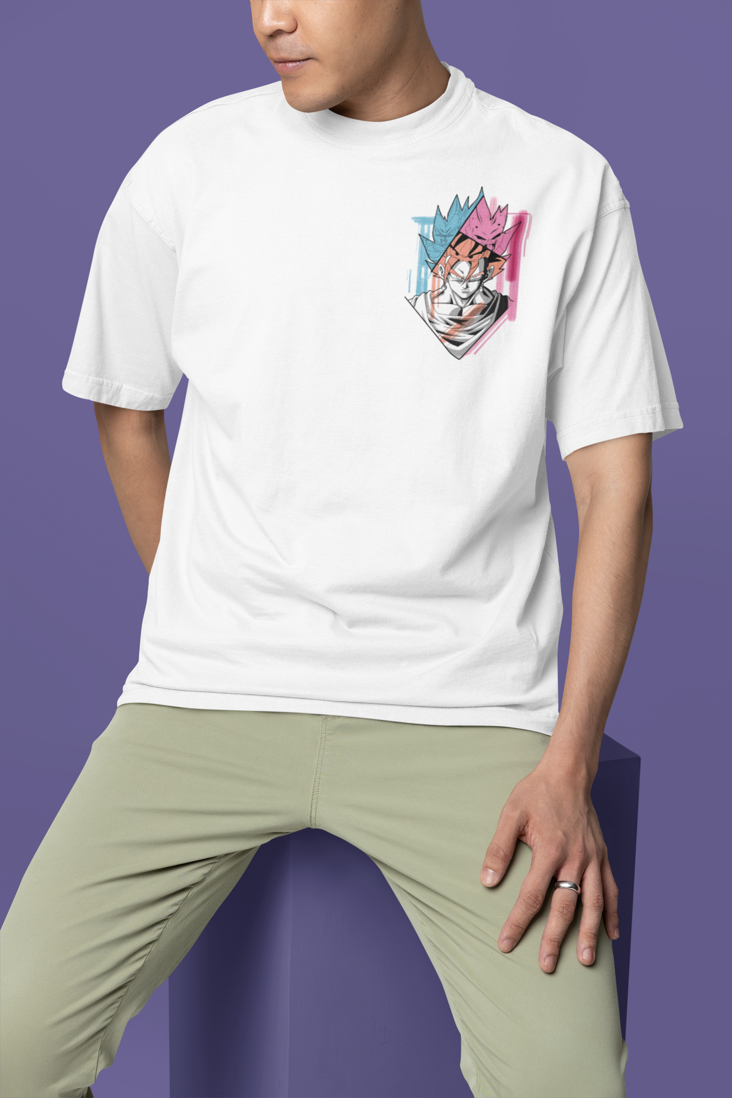 Front Close-up details of Goku graphic on W.I.F.I Men's Oversized White T-Shirt