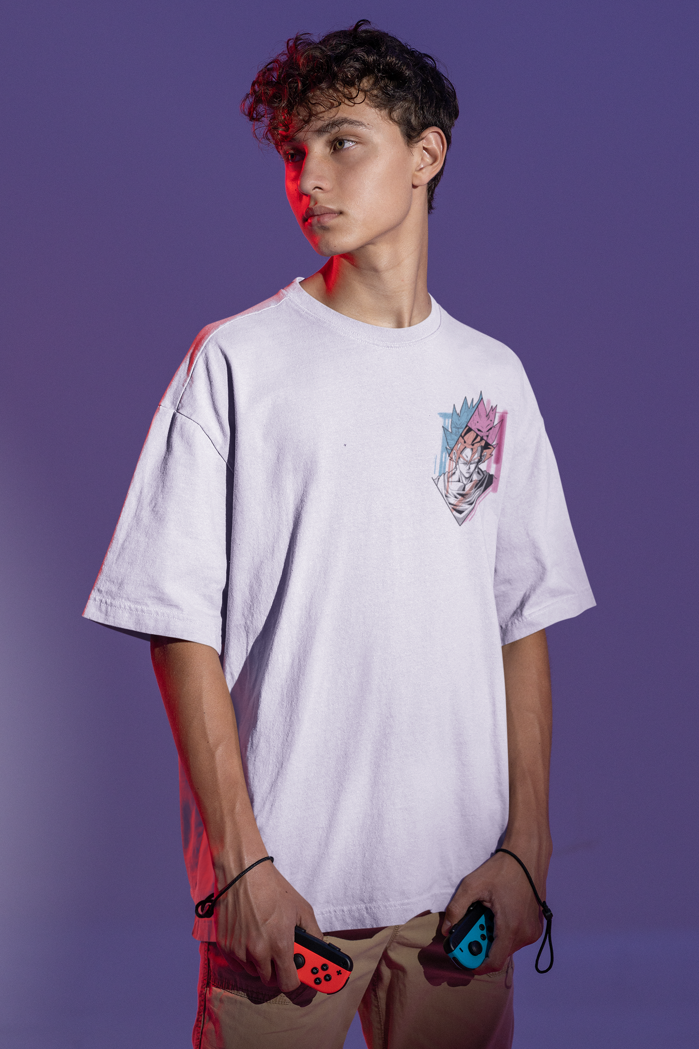 Model wearing W.I.F.I Men's Oversized Goku Anime Graphic White T-Shirt