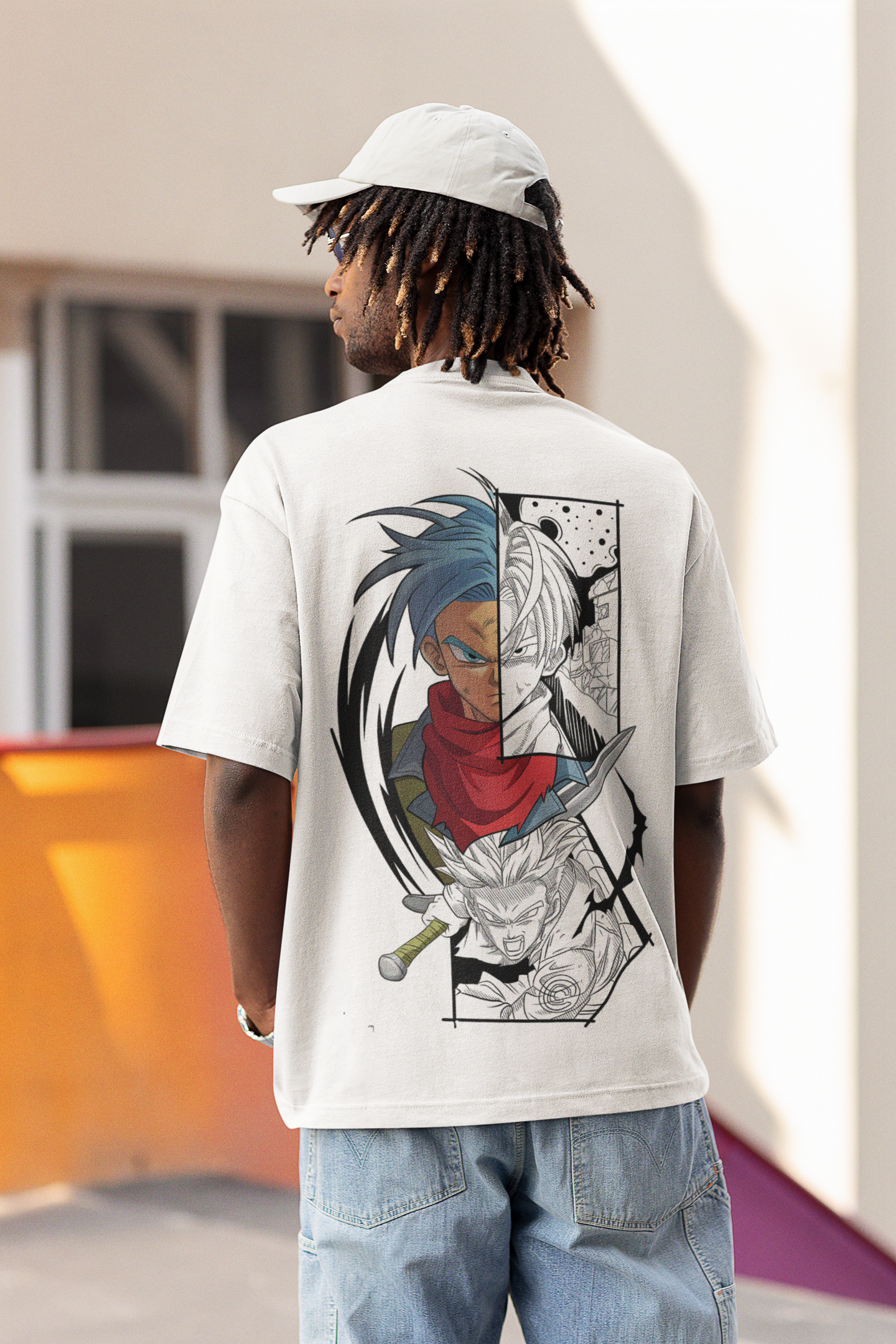 Model wearing W.I.F.I Men's Oversized Goku Anime Graphic White T-Shirt