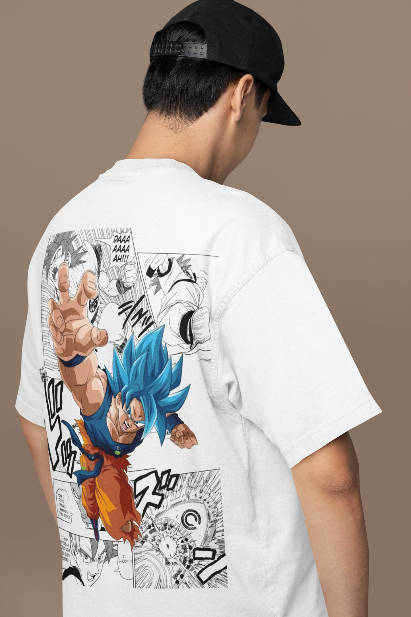 Back view of W.I.F.I Men's Oversized Goku Anime Graphic White T-Shirt