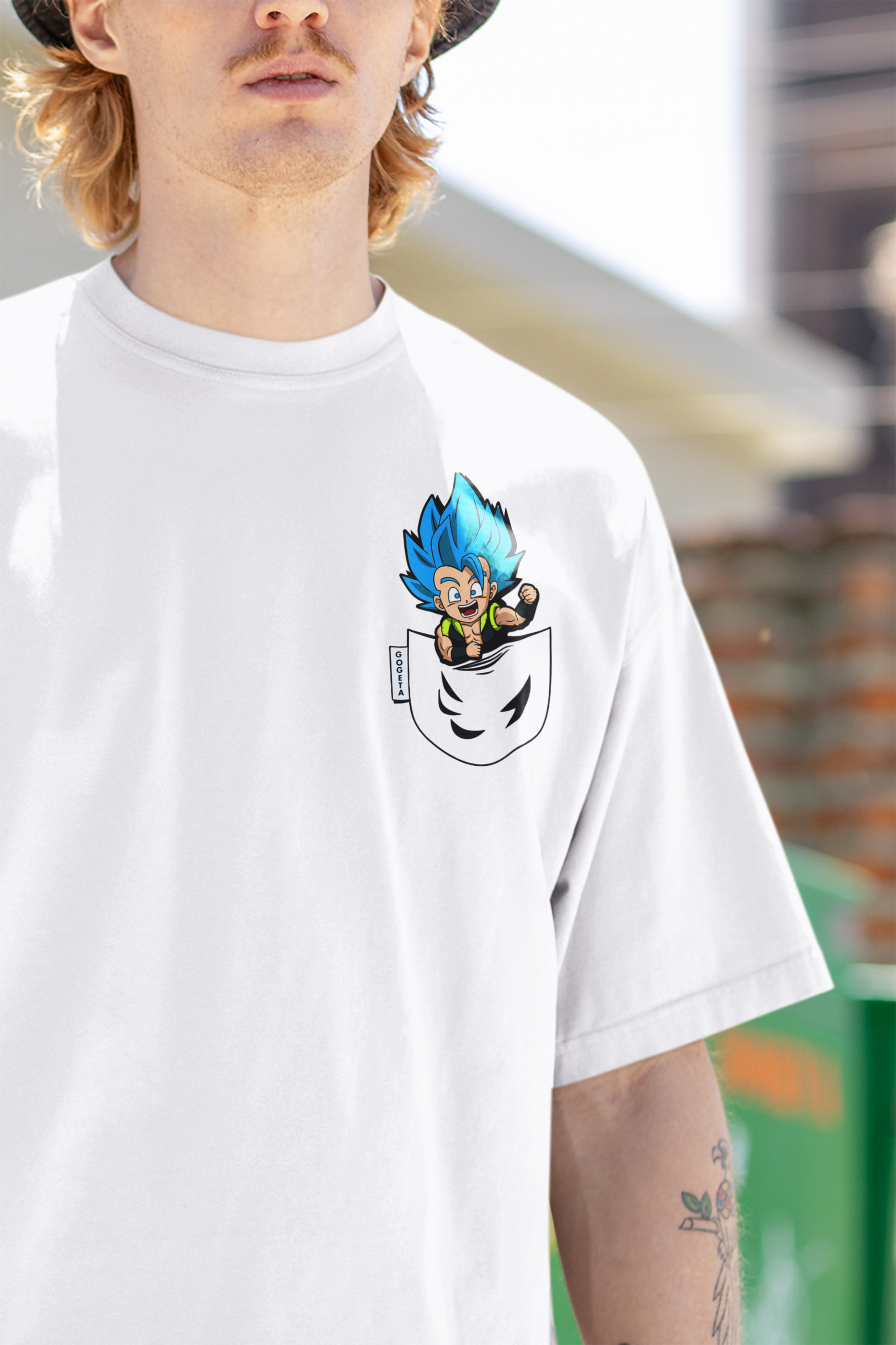 Close-up detail of Goku graphic on W.I.F.I Men's Oversized White T-Shirt