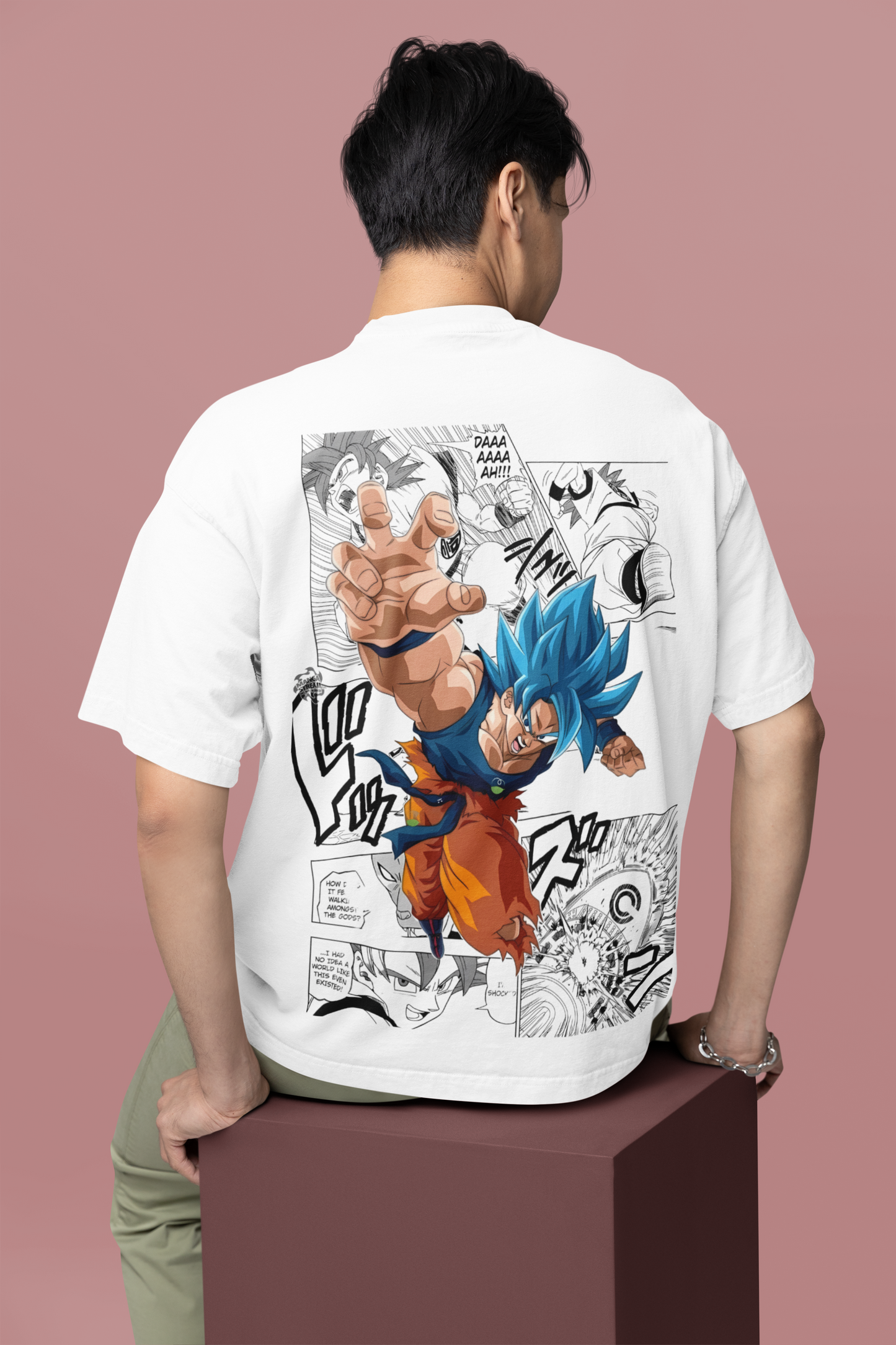 Close-up detail of Goku graphic on W.I.F.I Men's Oversized White T-Shirt