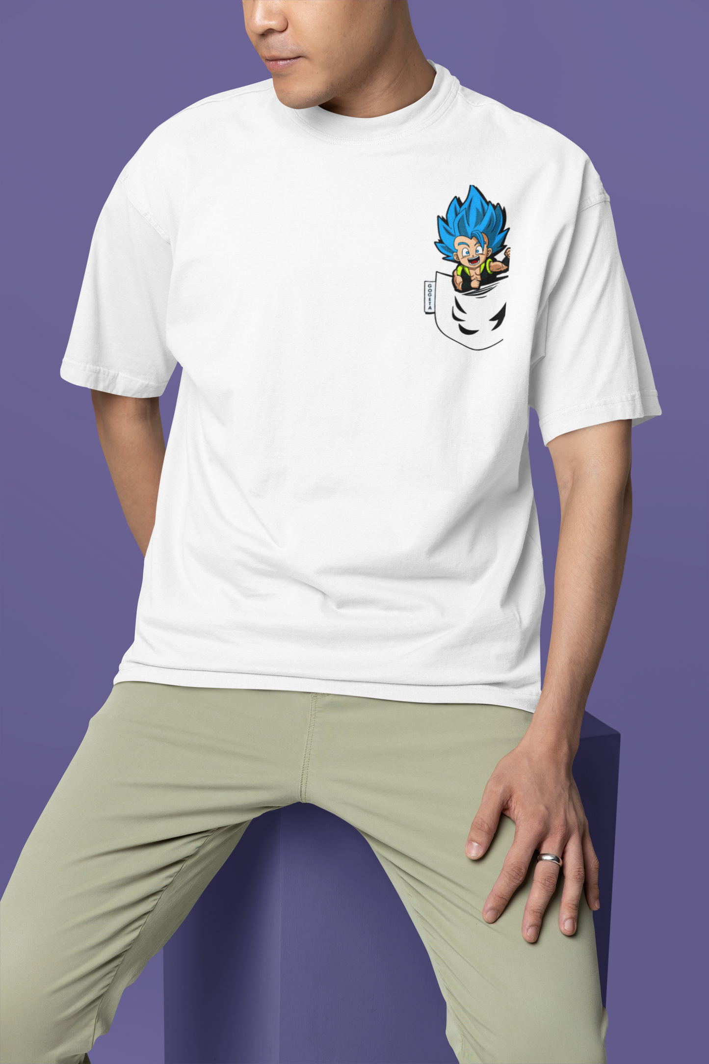 Front view of W.I.F.I Men's Oversized Goku Anime Graphic White T-Shirt