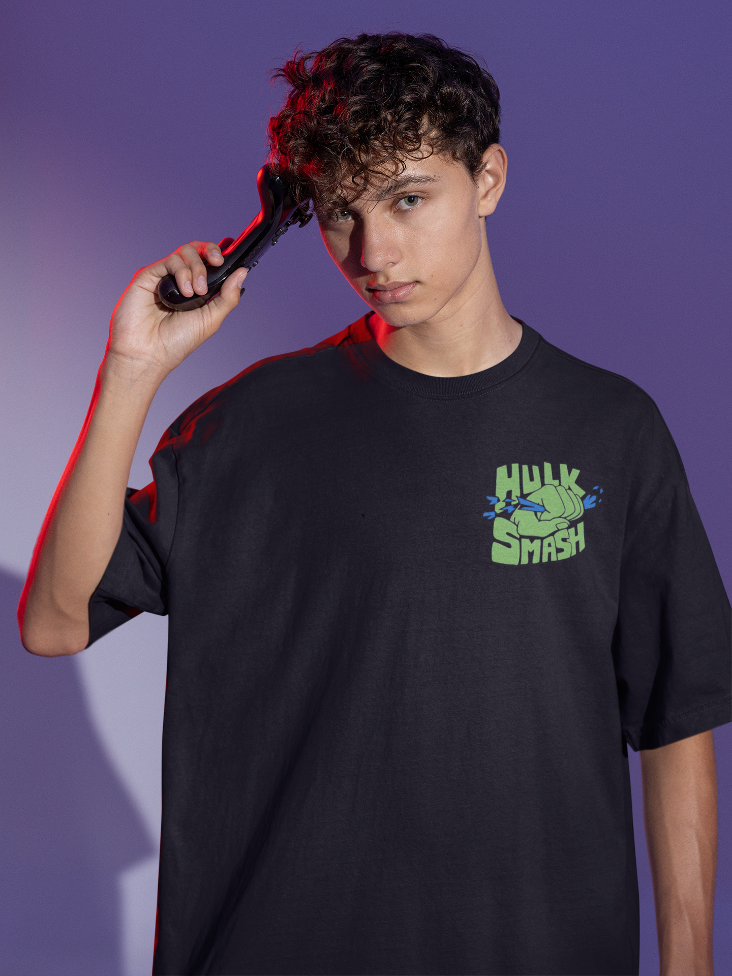 Front view of W.I.F.I Men's Oversized Hulk Graphic Premium Cotton Black T-Shirt