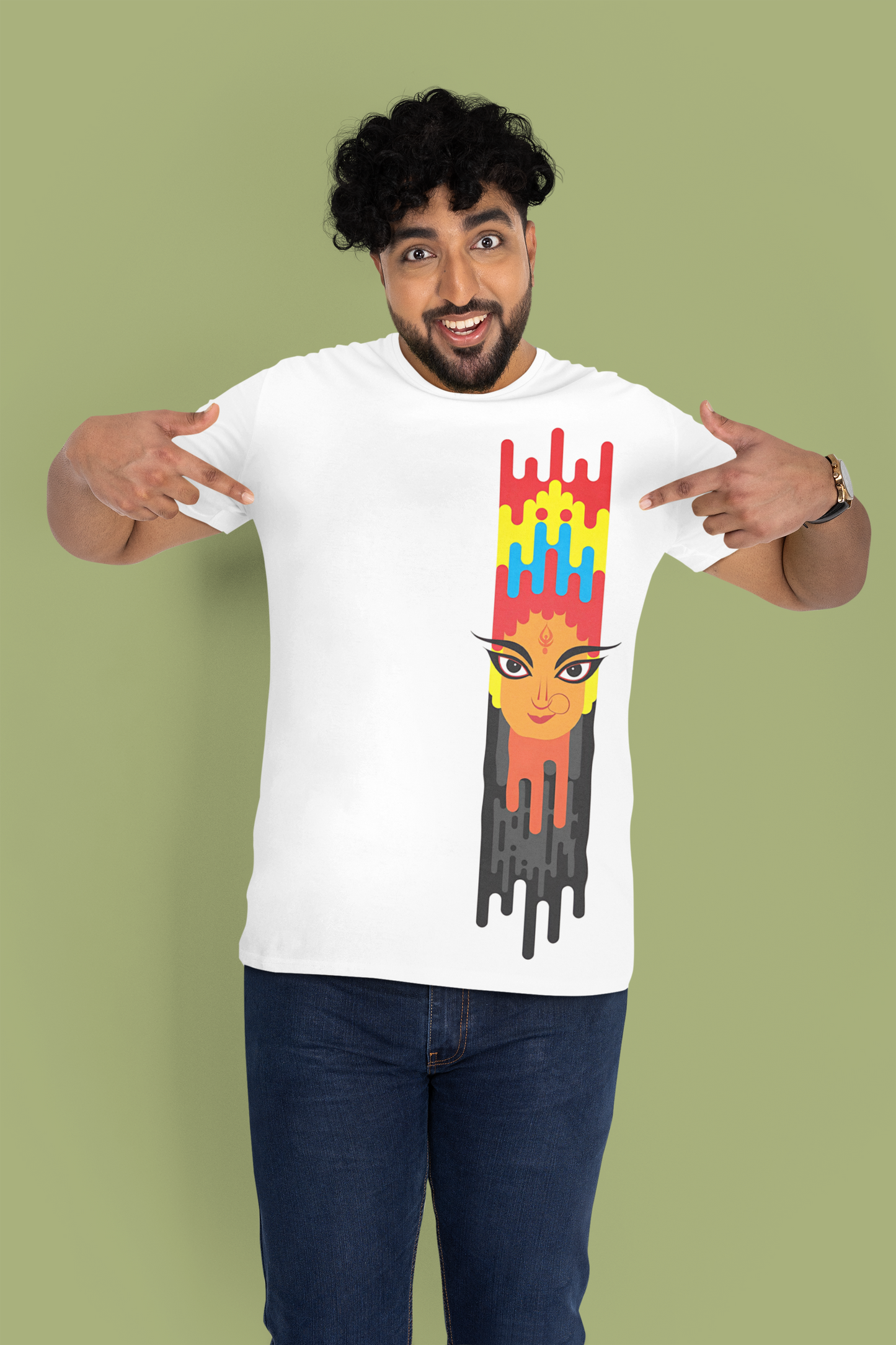 Close-up of "Maa Durga - Navratri" graphic design on premium cotton blue t-shirt by W.I.F.I (Wear it Feel it)