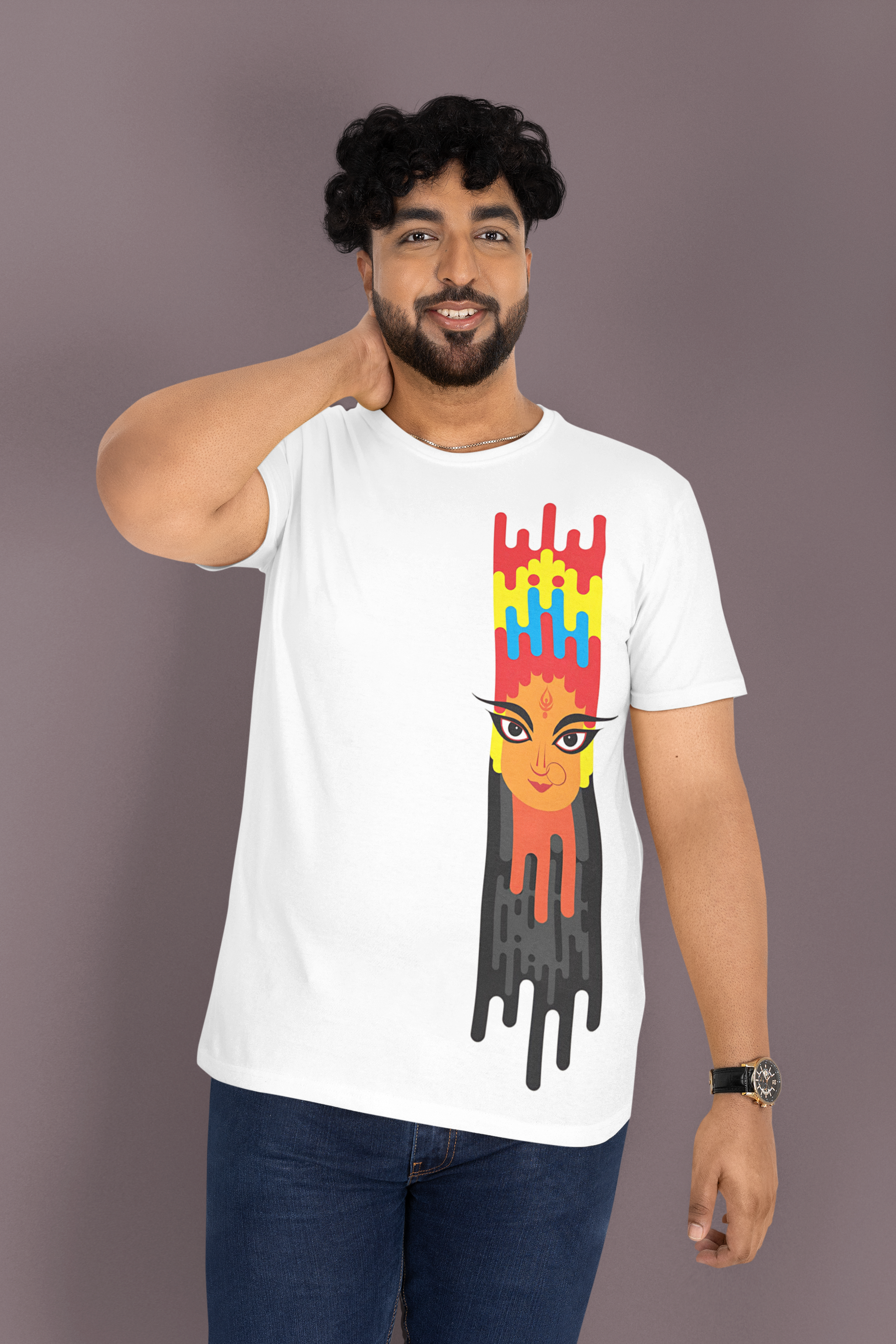 Lifestyle image of a model wearing W.I.F.I (Wear it Feel it) Men's Regular Fit "Maa Durga - Navratri" Graphic Premium Cotton Blue T-Shirt