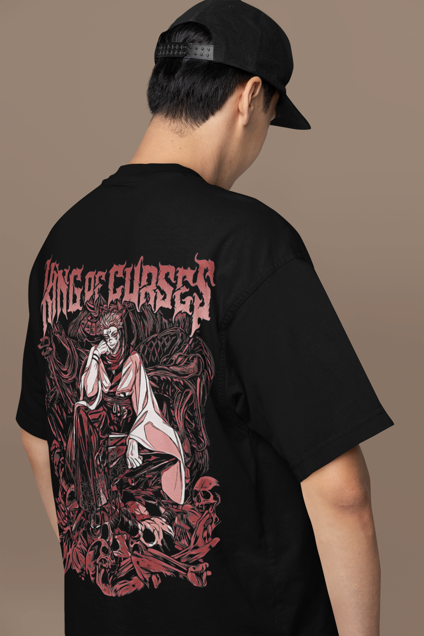 Close-up of the Naruto - King of Curses dark anime graphic on W.I.F.I Men's Oversized Black T-Shirt