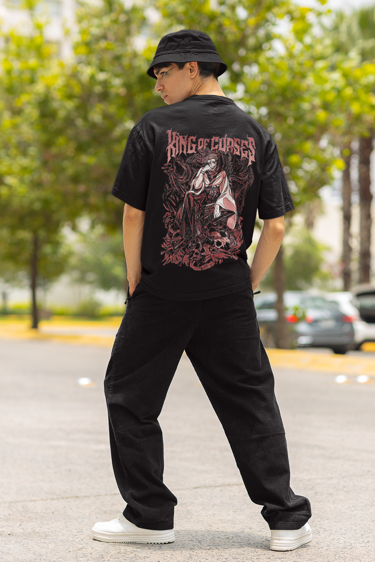 Model wearing W.I.F.I Men's Oversized Naruto - King of Curses dark Anime Graphic Premium Cotton Black T-Shirt styled with casual wear