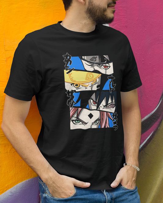 Closeup of the Naruto Merchandise Graphic T-Shirt in black, featuring a vibrant anime design