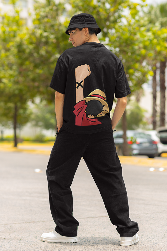 Back view of the W.I.F.I (Wear it Feel it) Men's Oversized "No Piece Anime" Graphic Premium Cotton Black T-Shirt