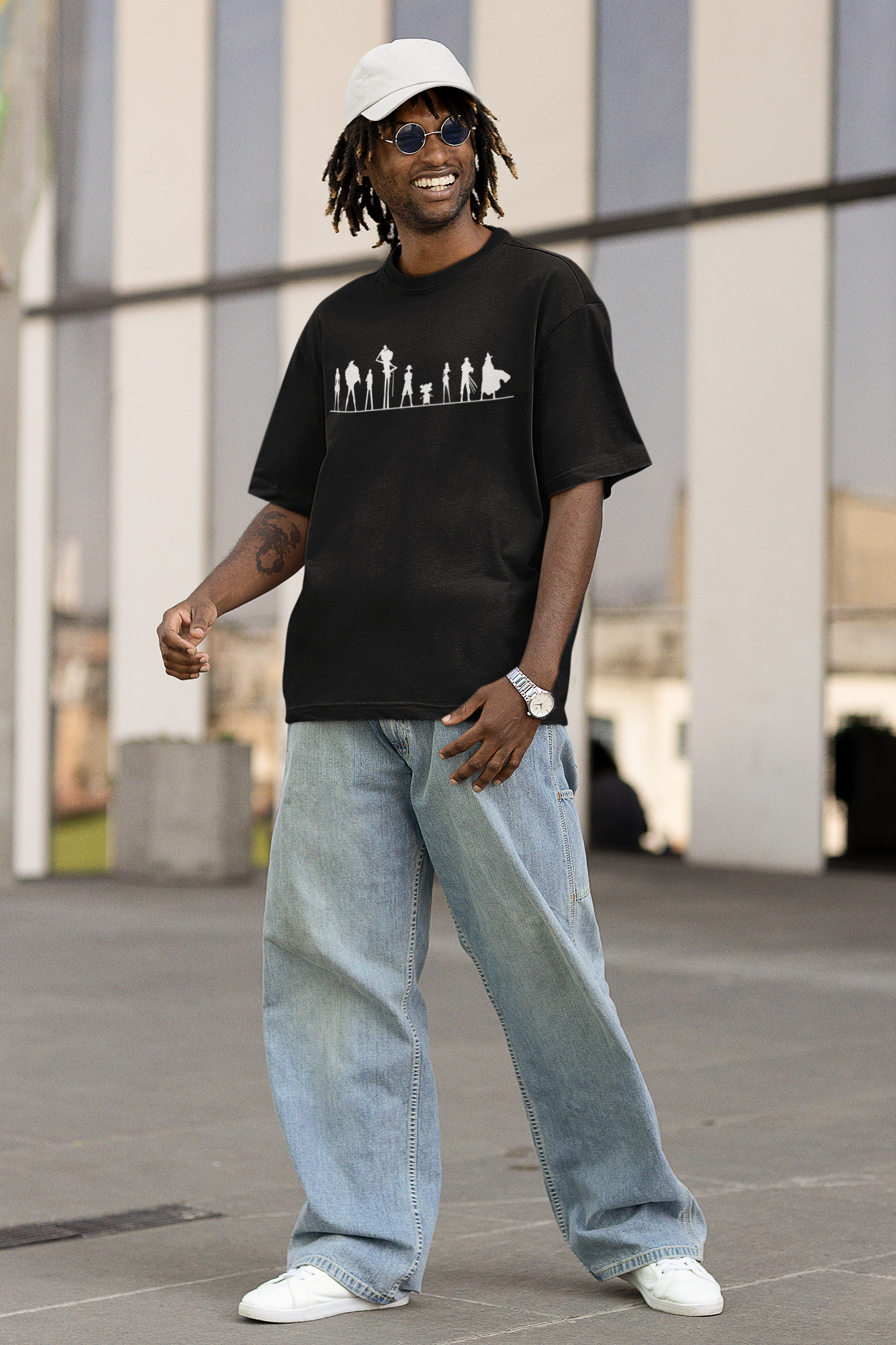 Model wearing the W.I.F.I (Wear it Feel it) Men's Oversized "No Piece Anime" Graphic Premium Cotton Black T-Shirt in a casual setting