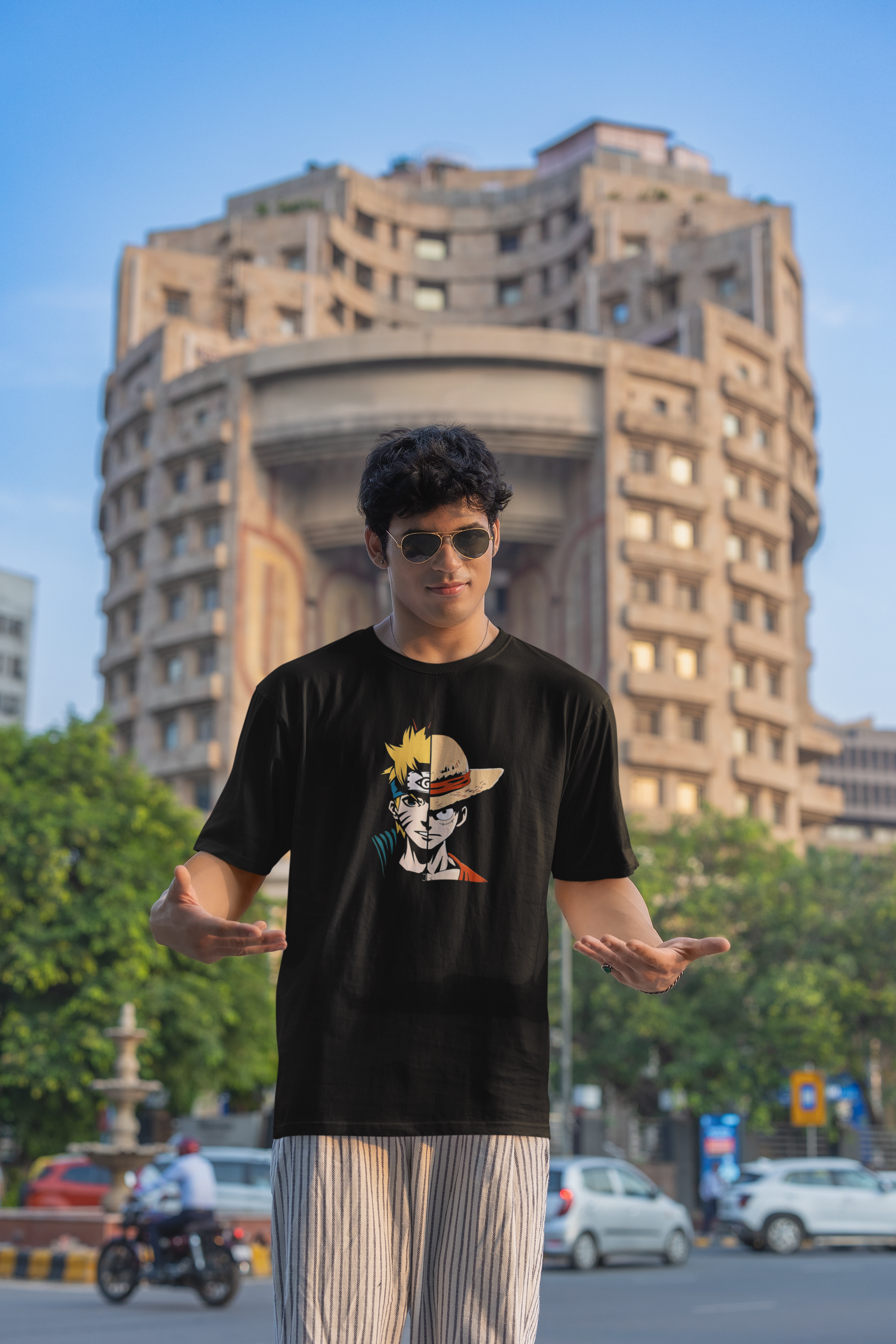 Model wearing W.I.F.I Men's Oversized One Piece Anime Inspired Graphic T-Shirt in a casual setting.