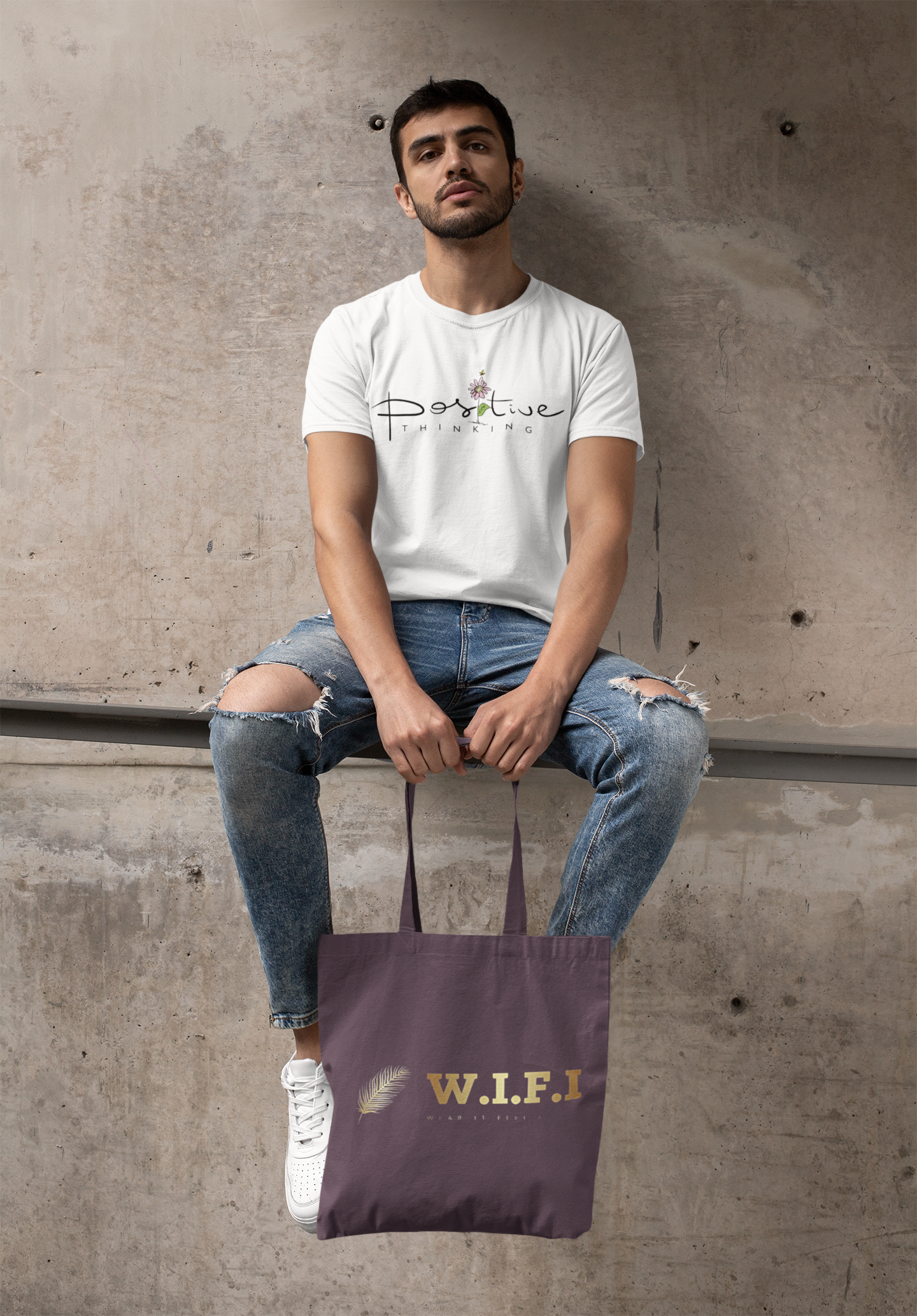 Close-up of the "Positive Thinking" graphic on W.I.F.I (Wear it Feel it) Men's White Premium Cotton T-Shirt