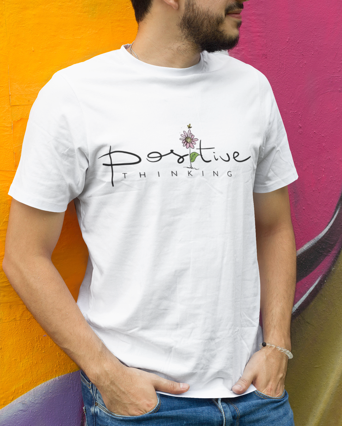 Model wearing W.I.F.I (Wear it Feel it) Men's Regular fit "Positive Thinking" Graphic Premium Cotton White T-Shirt