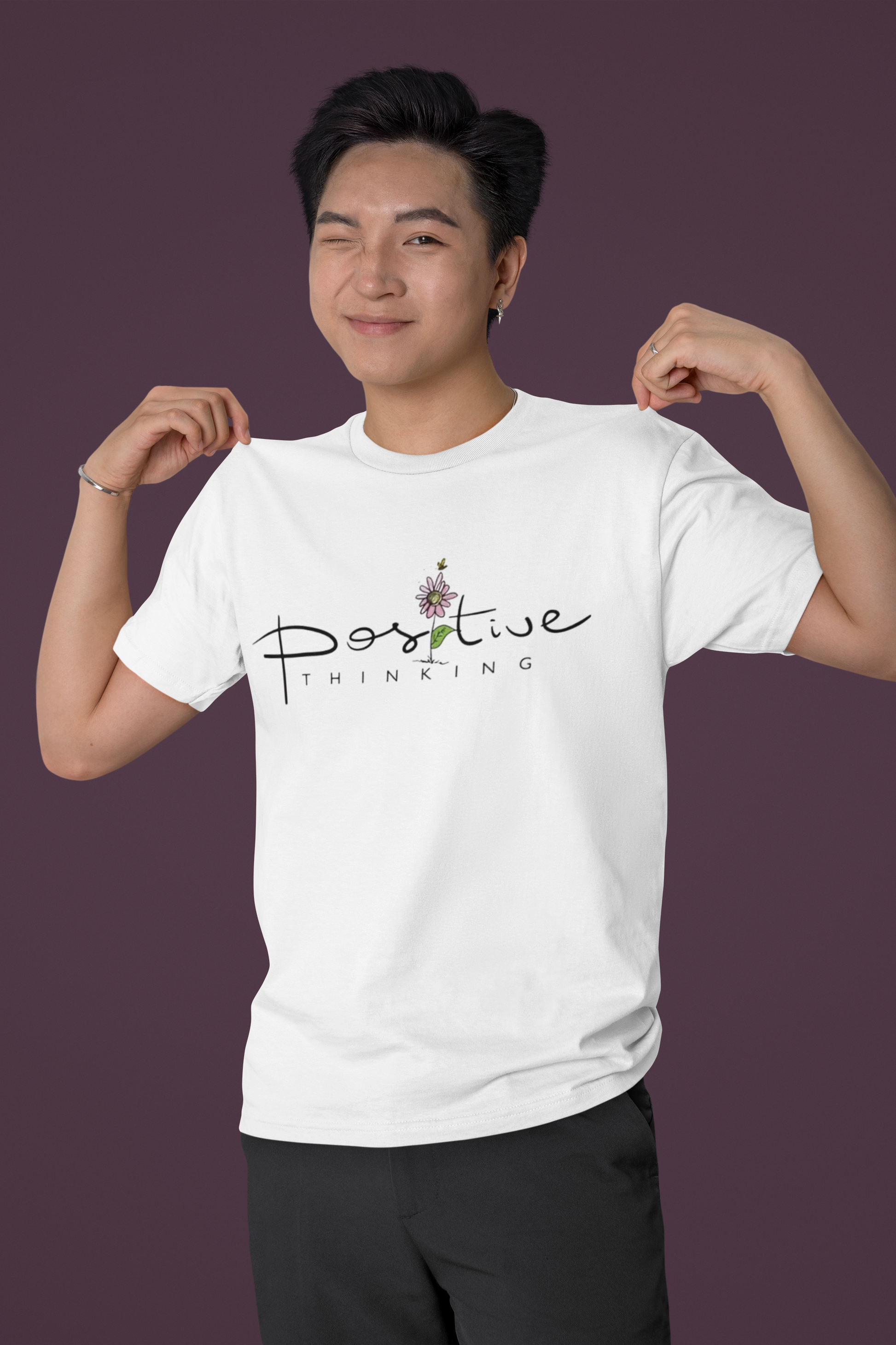  Front view of W.I.F.I (Wear it Feel it) Men's Regular fit "Positive Thinking" Graphic Premium Cotton White T-Shirt