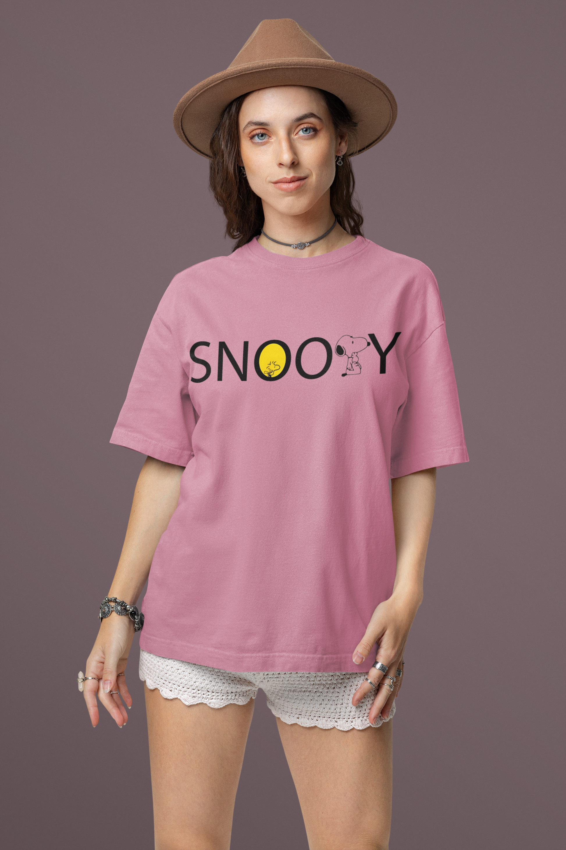 Back view of the W.I.F.I Women's Oversized "Snoopy" Graphic Premium Cotton T-Shirt showcasing the design