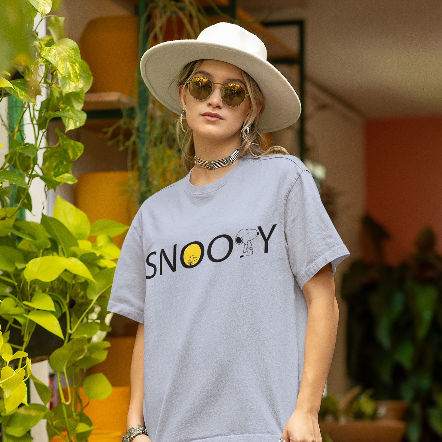 Front view of the W.I.F.I Women's Oversized "Snoopy" Graphic Premium Cotton T-Shirt