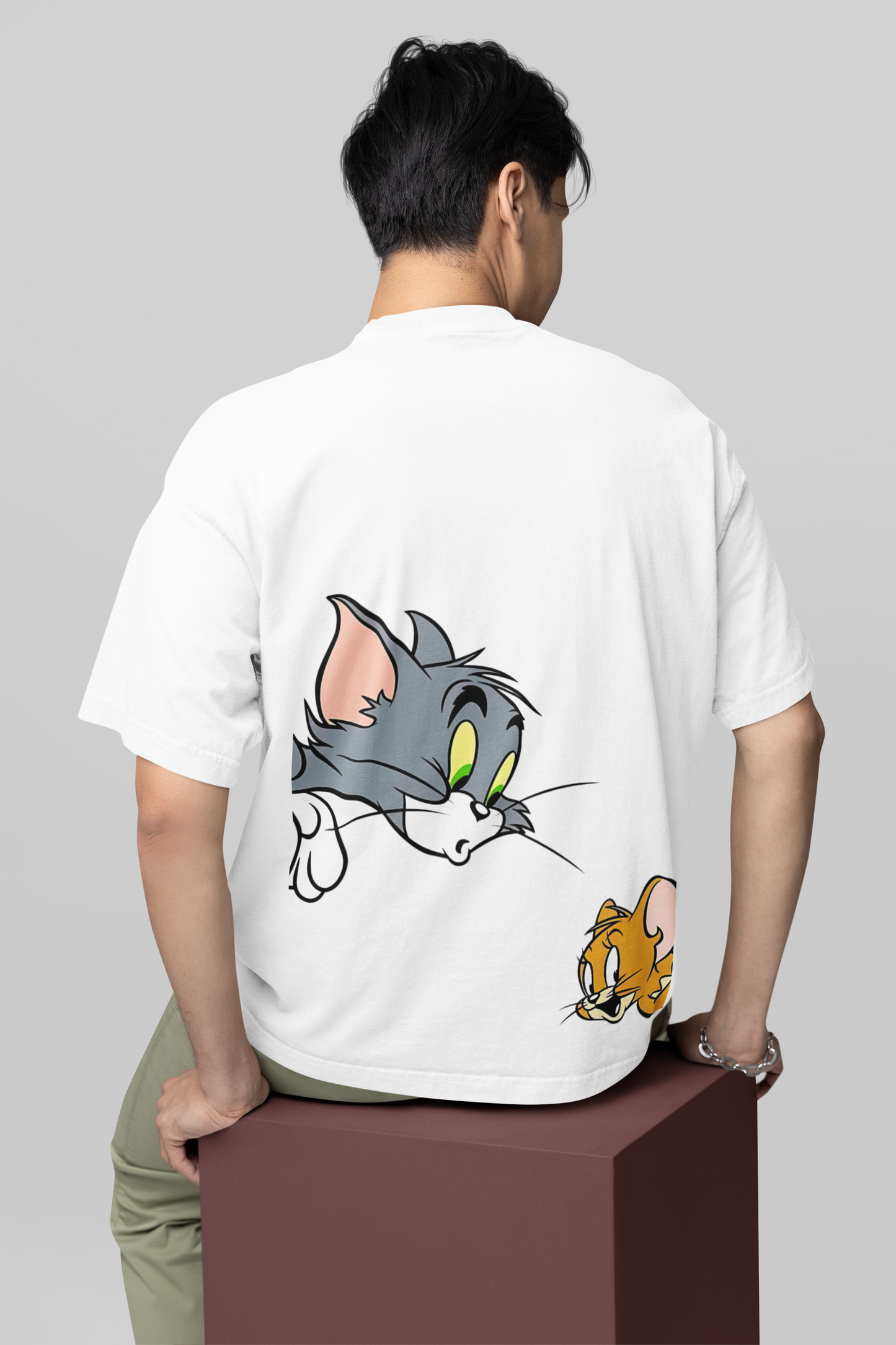 Back view of W.I.F.I Men's Oversized "Tom & Jerry" Cartoon Premium Cotton White T-Shirt