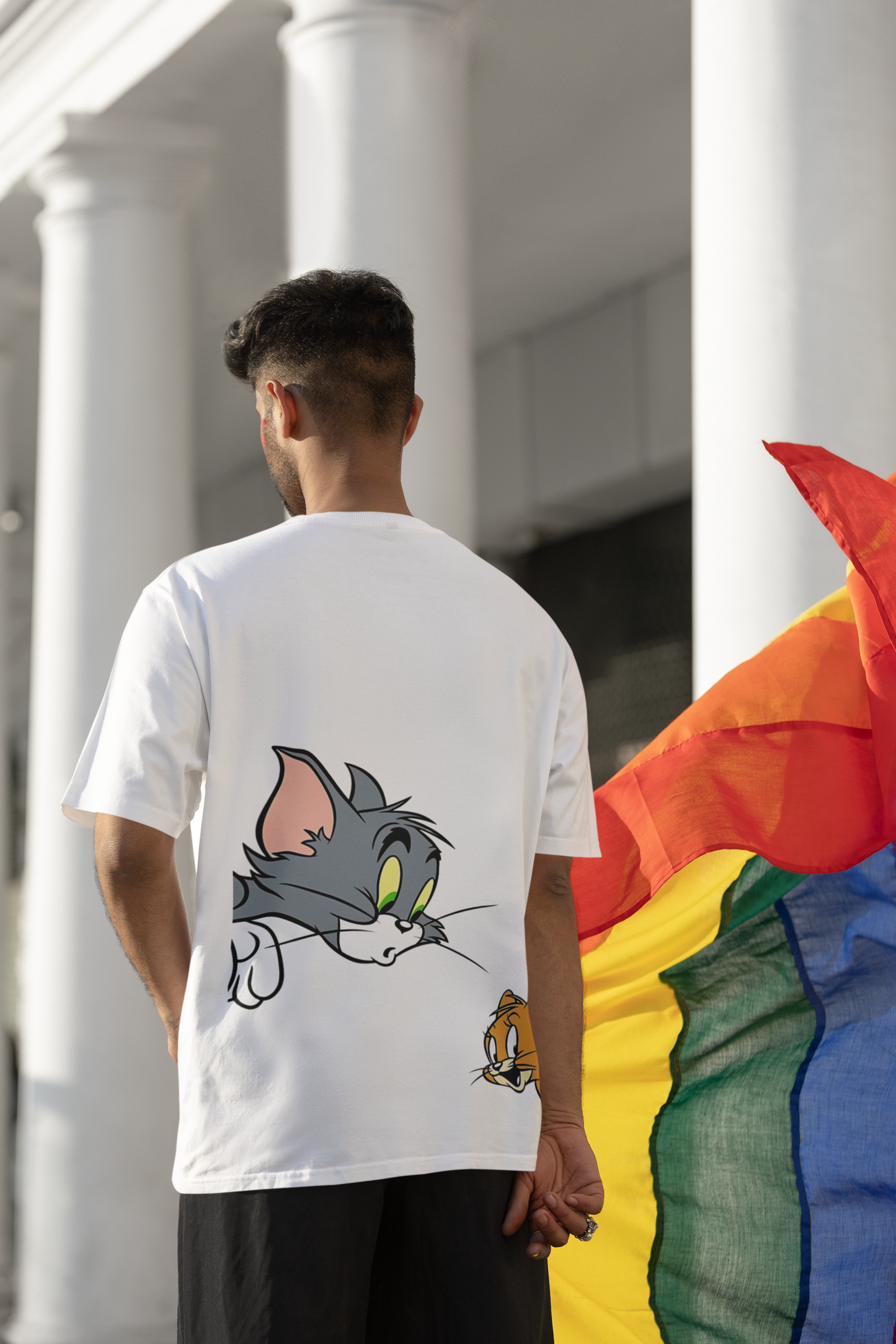 Close-up detail of the graphic on W.I.F.I Men's Oversized "Tom & Jerry" Cartoon Premium Cotton White T-Shirt