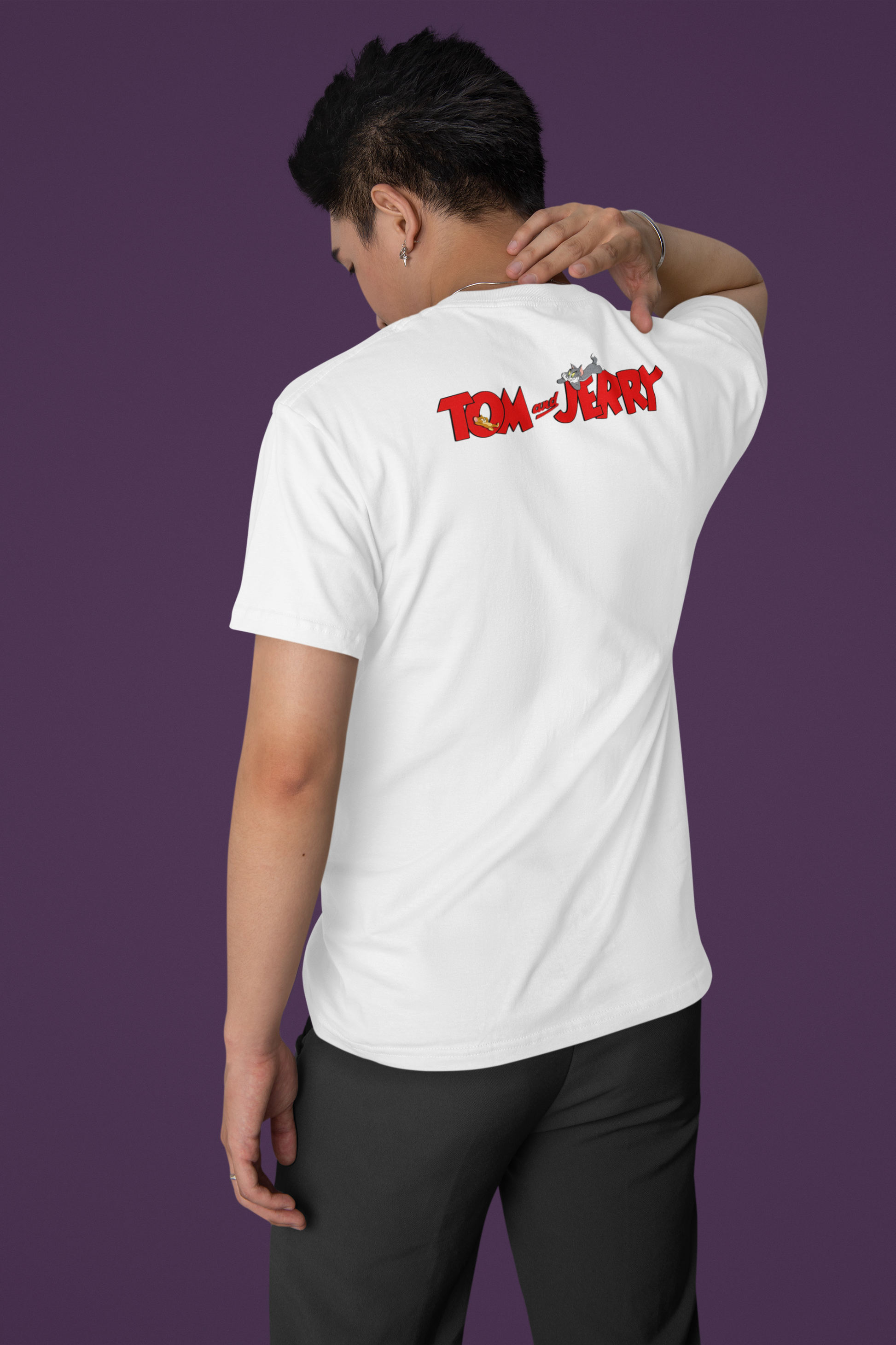 Back view of W.I.F.I Men's Regular Fit "Tom & Jerry" Cartoon Premium Cotton White T-Shirt