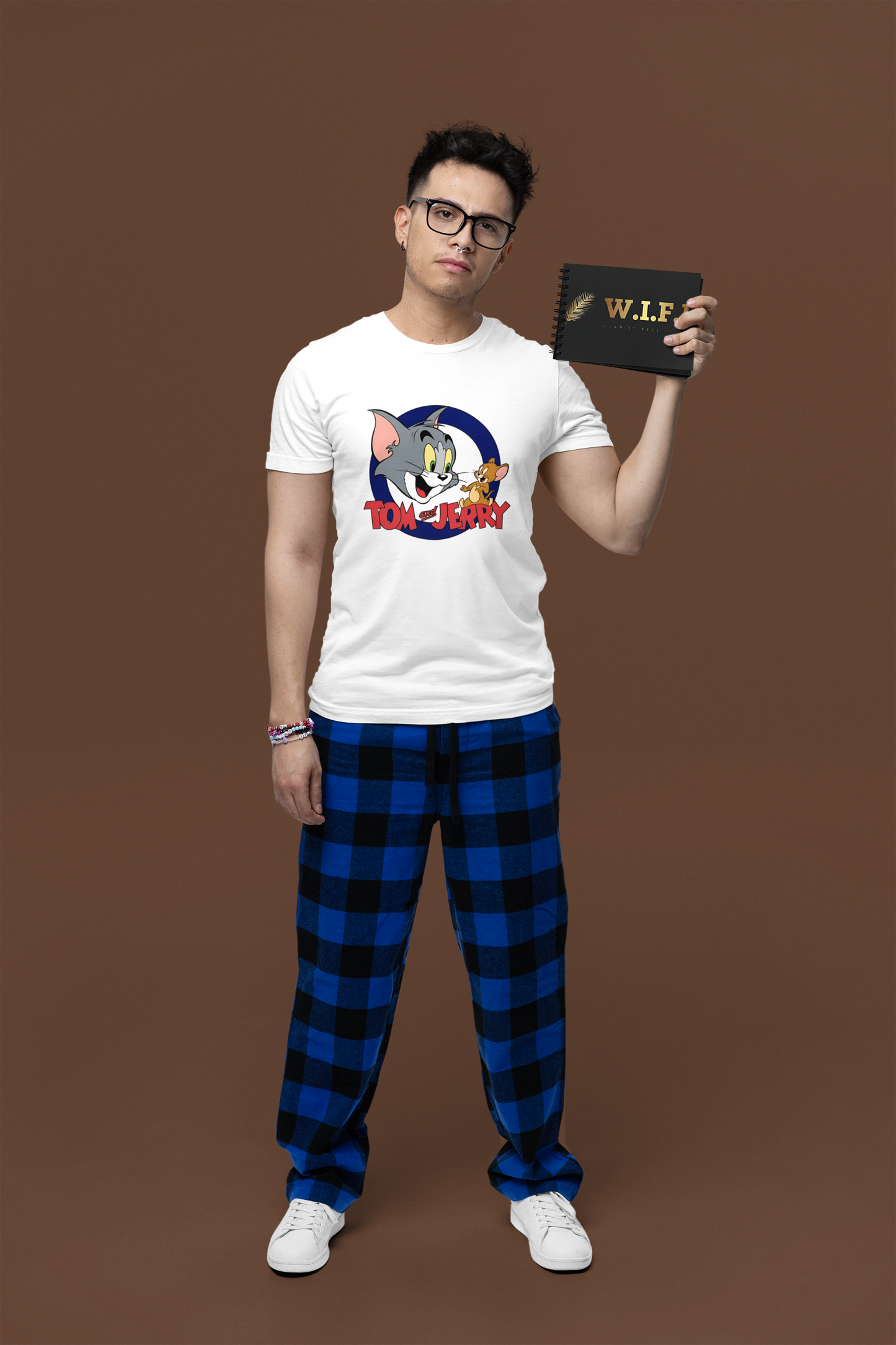 Model wearing W.I.F.I Men's Regular Fit "Tom & Jerry" Cartoon T-Shirt in casual setting