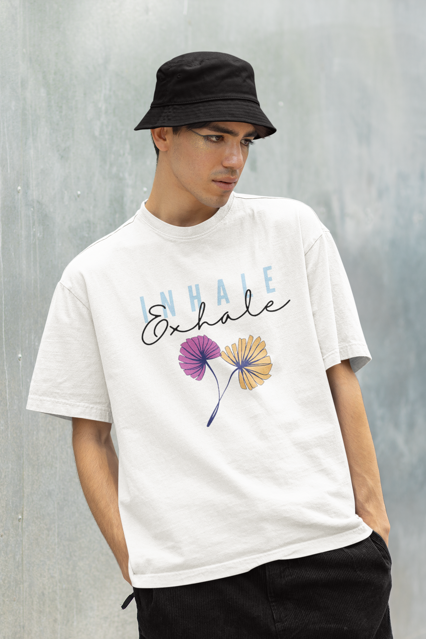 Back view of W.I.F.I Men's Oversized "INHALE exhale" Typography Graphic Premium Cotton White T-Shirt