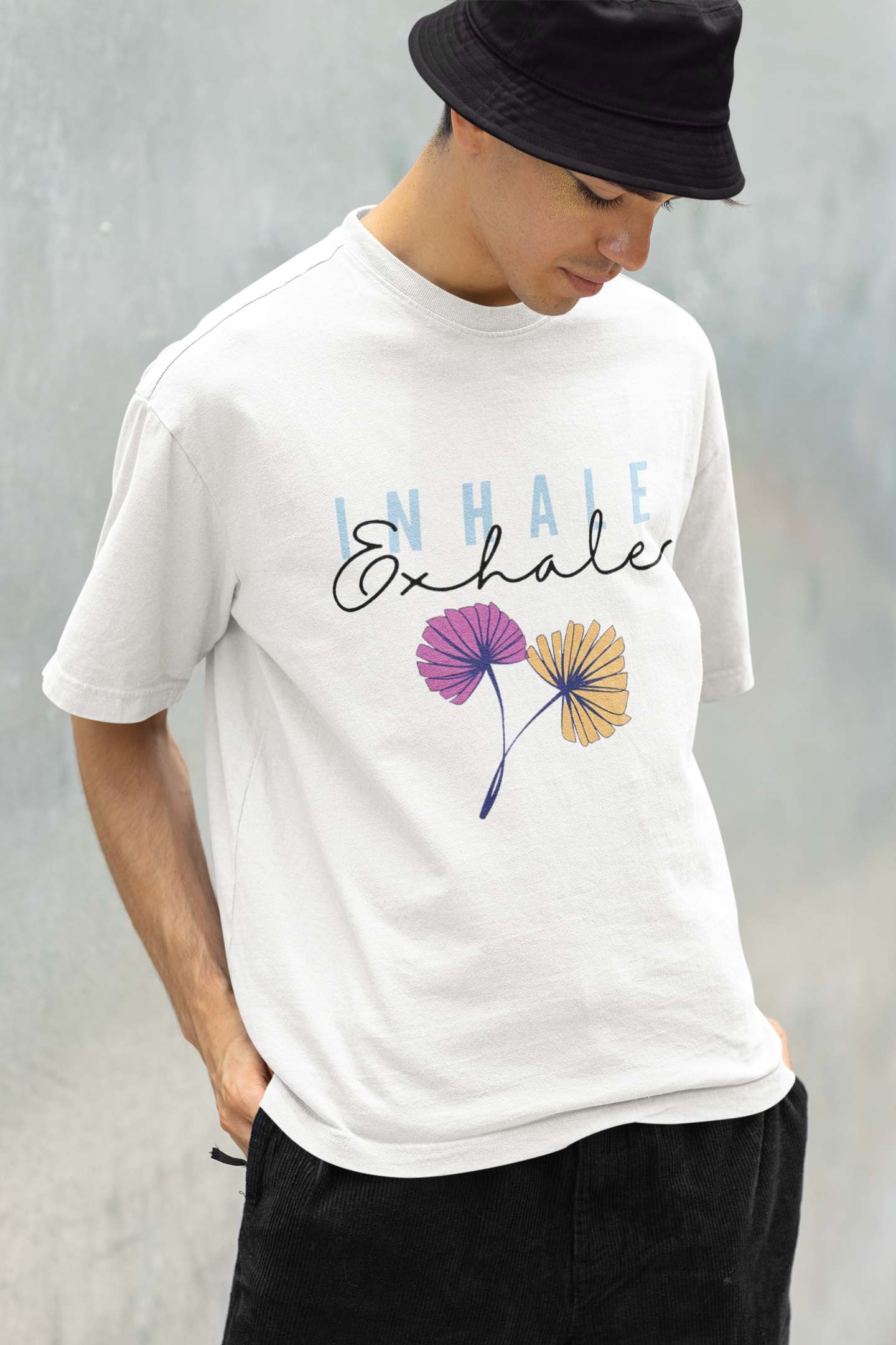 Front view of W.I.F.I Men's Oversized "INHALE exhale" Typography Graphic Premium Cotton White T-Shirt