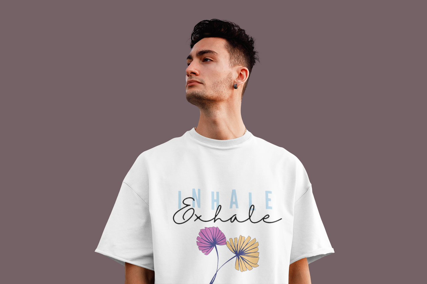 Close-up of "INHALE exhale" typography on W.I.F.I Men's Oversized Premium Cotton White T-Shirt