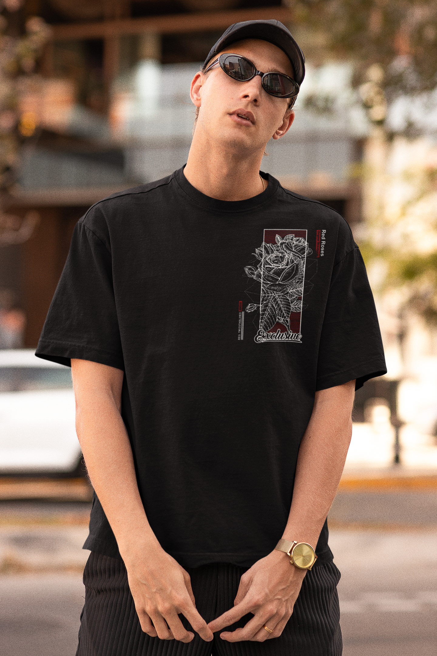 Model wearing W.I.F.I Men's Oversized 'Red Rose' Graphic Black T-Shirt, showcasing casual style.