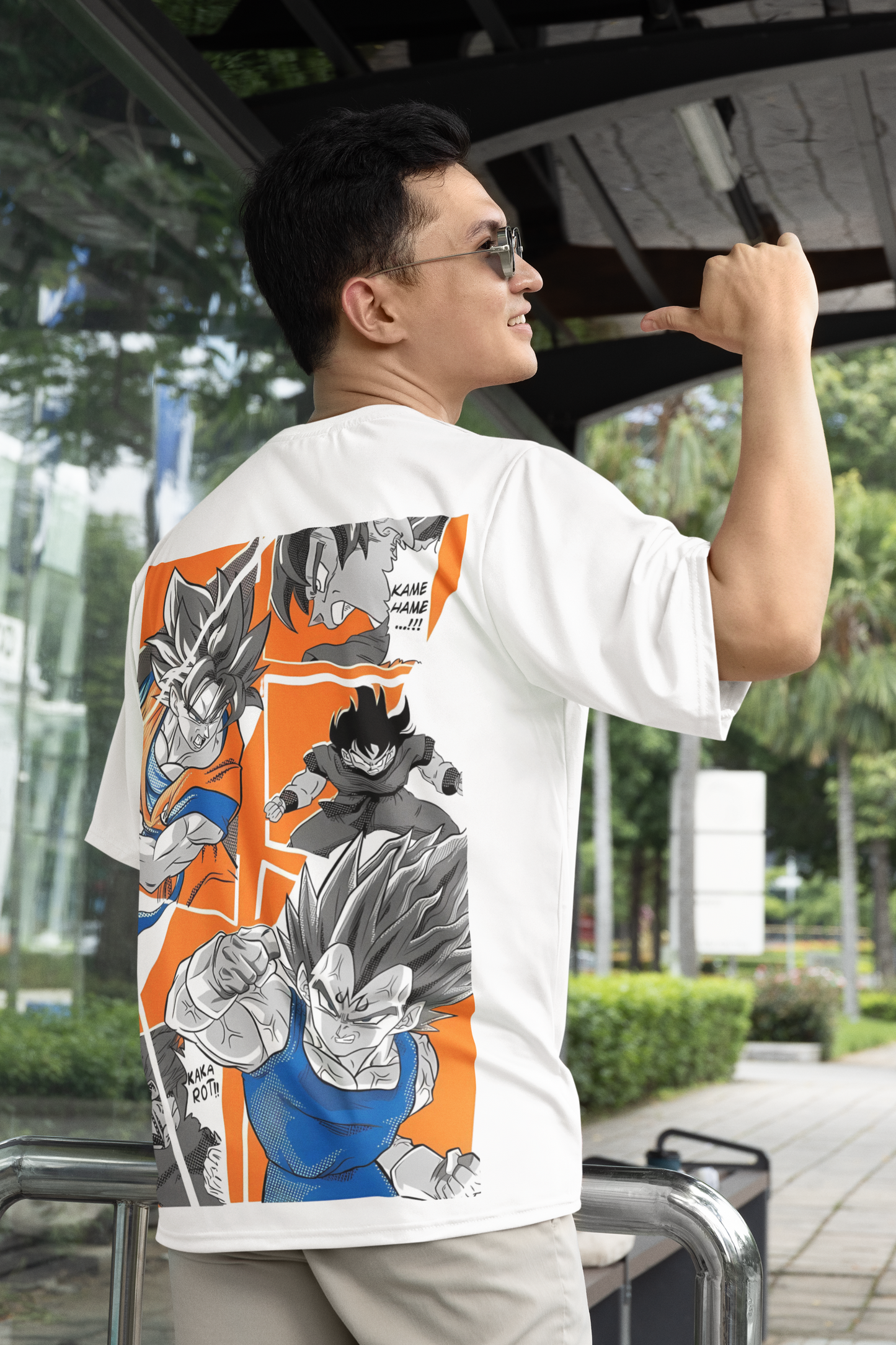 Back view of W.I.F.I Men's Oversized Dragon Ball - Saiyan War Graphic Premium Cotton White T-Shirt