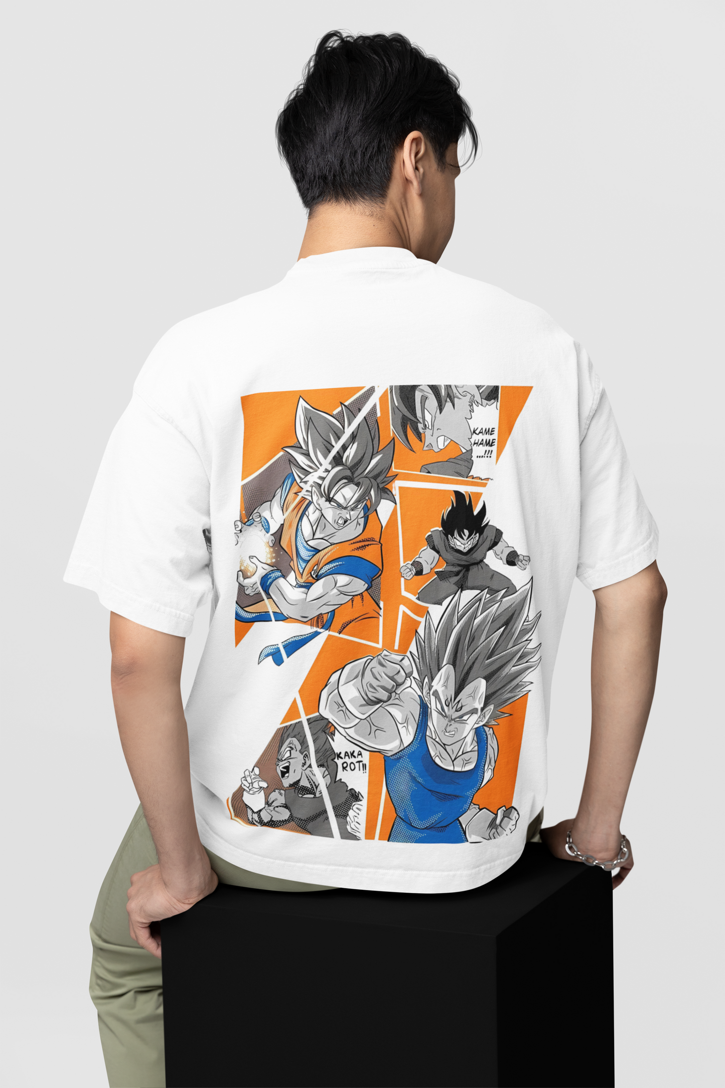 Close-up of Dragon Ball - Saiyan War graphic on W.I.F.I Men's Oversized White T-Shirt